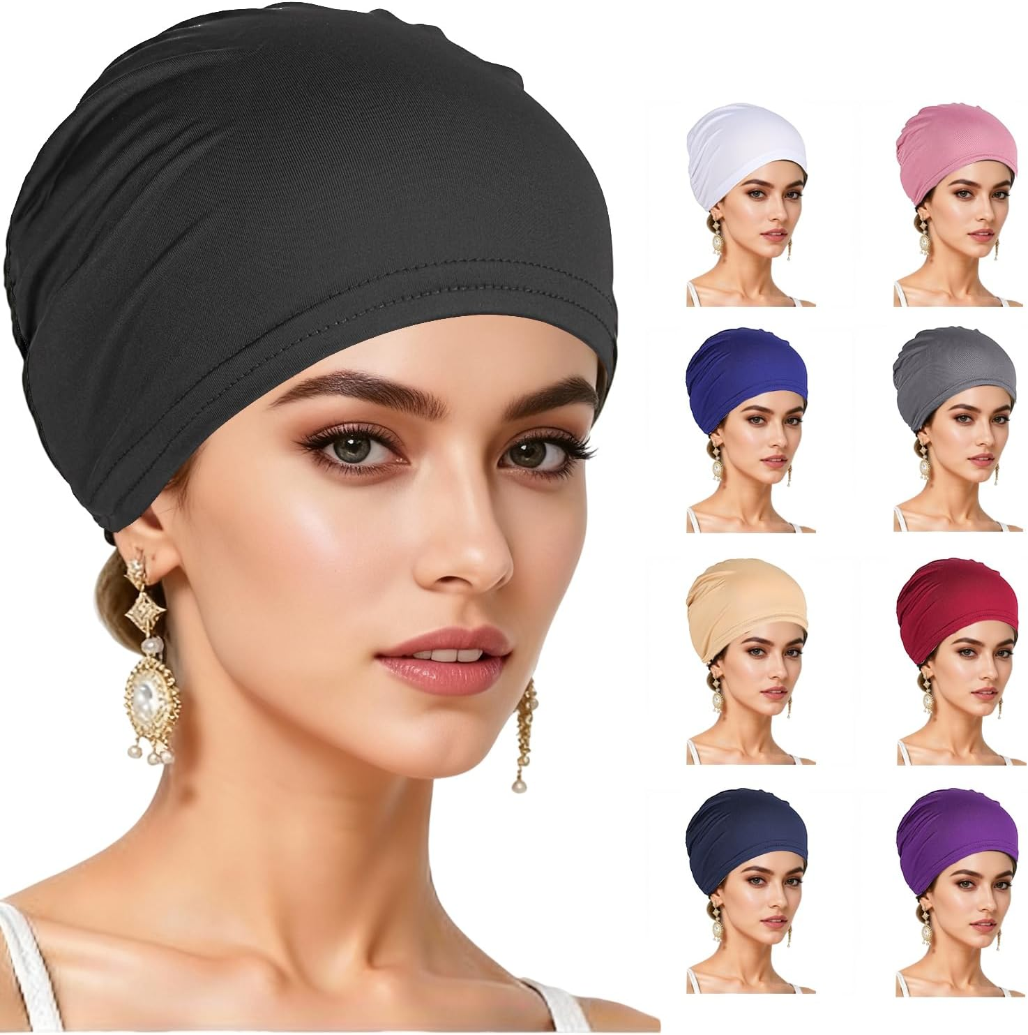 9 PCS Chemo Hats for Women, Breathable Cancer Headwear Elastic Chemo Hats for Hair Loss, Solid Beanie Skull Cap for Sleeping, Hair Bonnet for Patients Recovery, Daily Wear image number 6