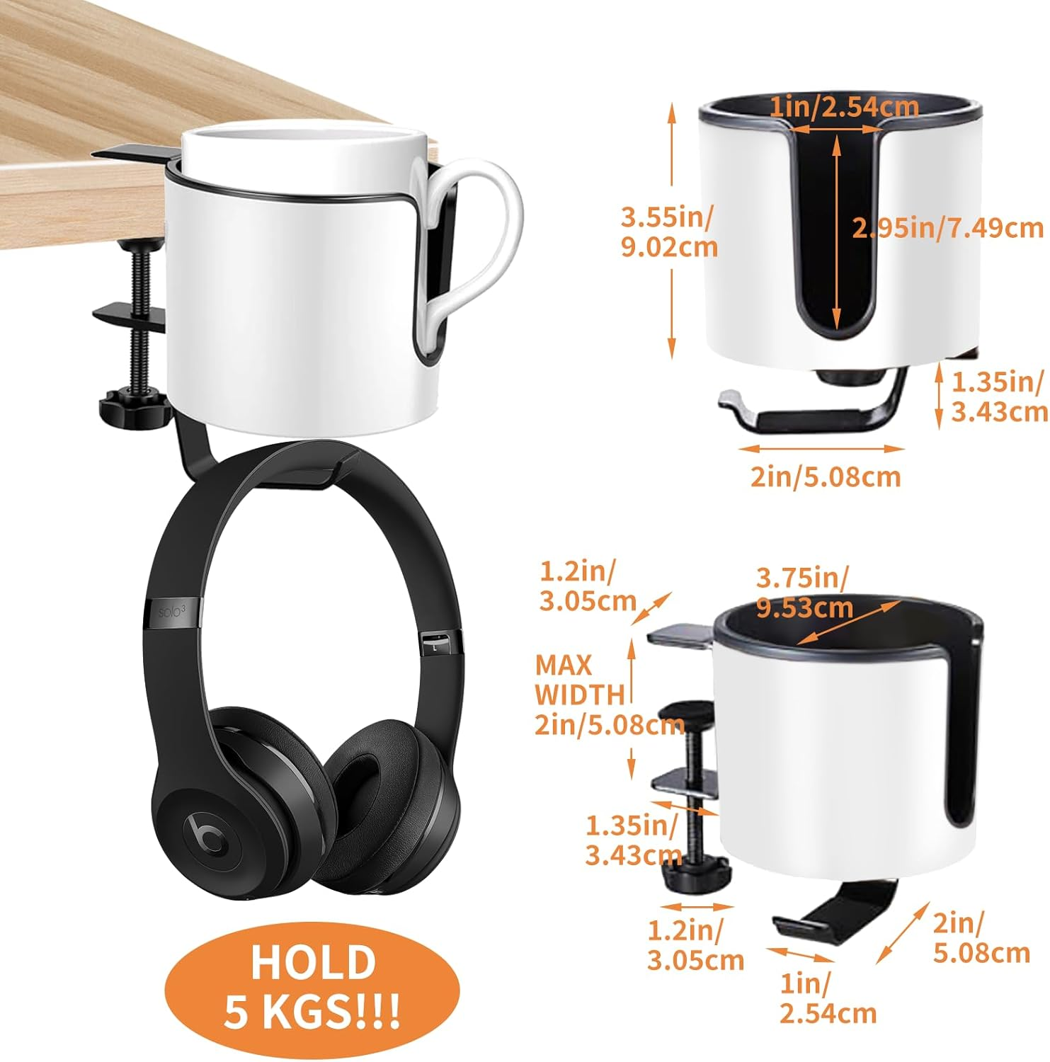 Desk Cup Holder Luxury 2-In-1 Anti-Spill Cup Holder with under Desk Headphone Hanger Holder with Durable Clamp on Desk Organizer (White) image number 2