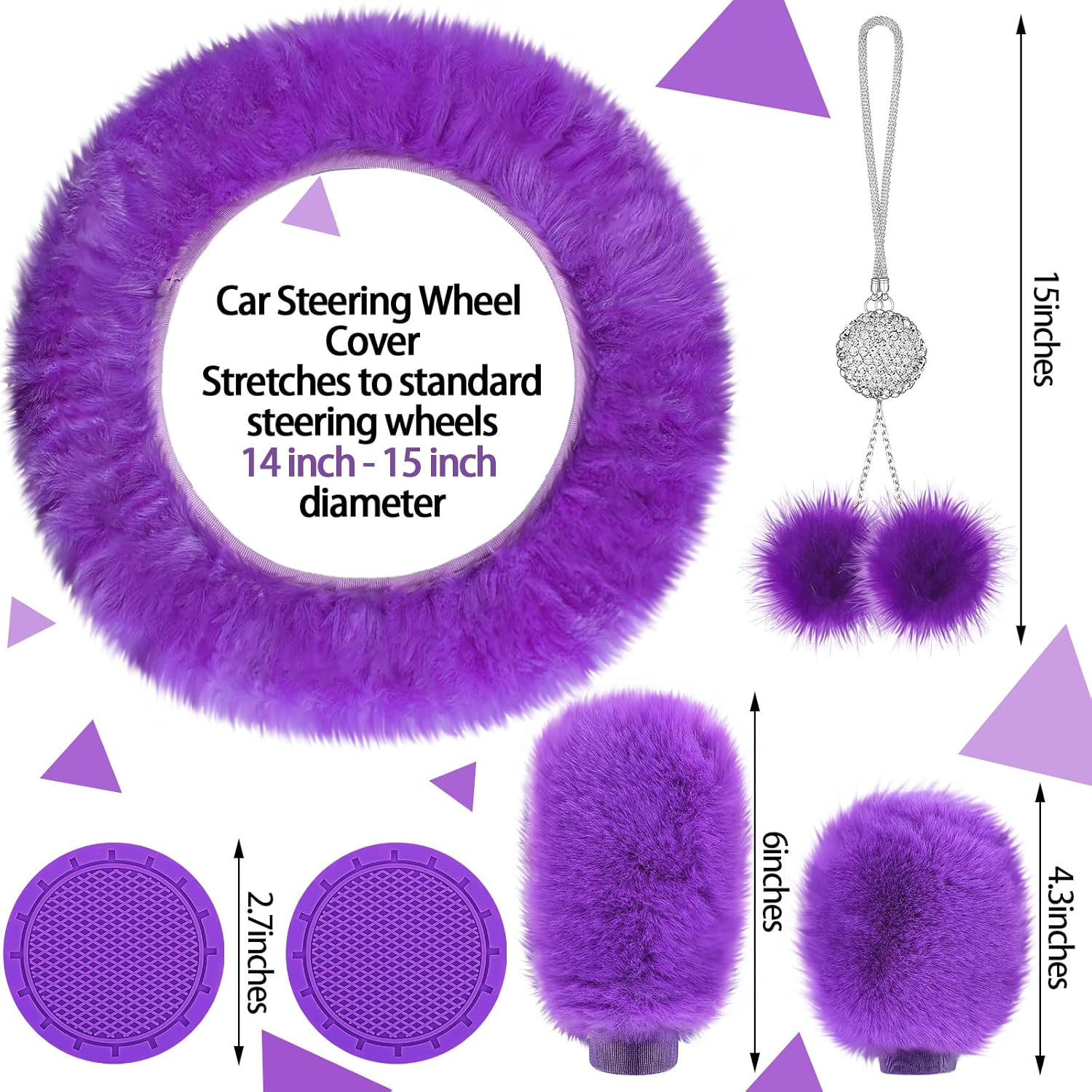 Tallew 17 Pcs Car Seat Cover Full Set for Christmas Fluffy Car Decor Front Rear Fluffy Steering Wheel Cover Soft Fleece Handbrake Shift Hanging Accessory Holder Ring Emblem Sticker(Purple) image number 3