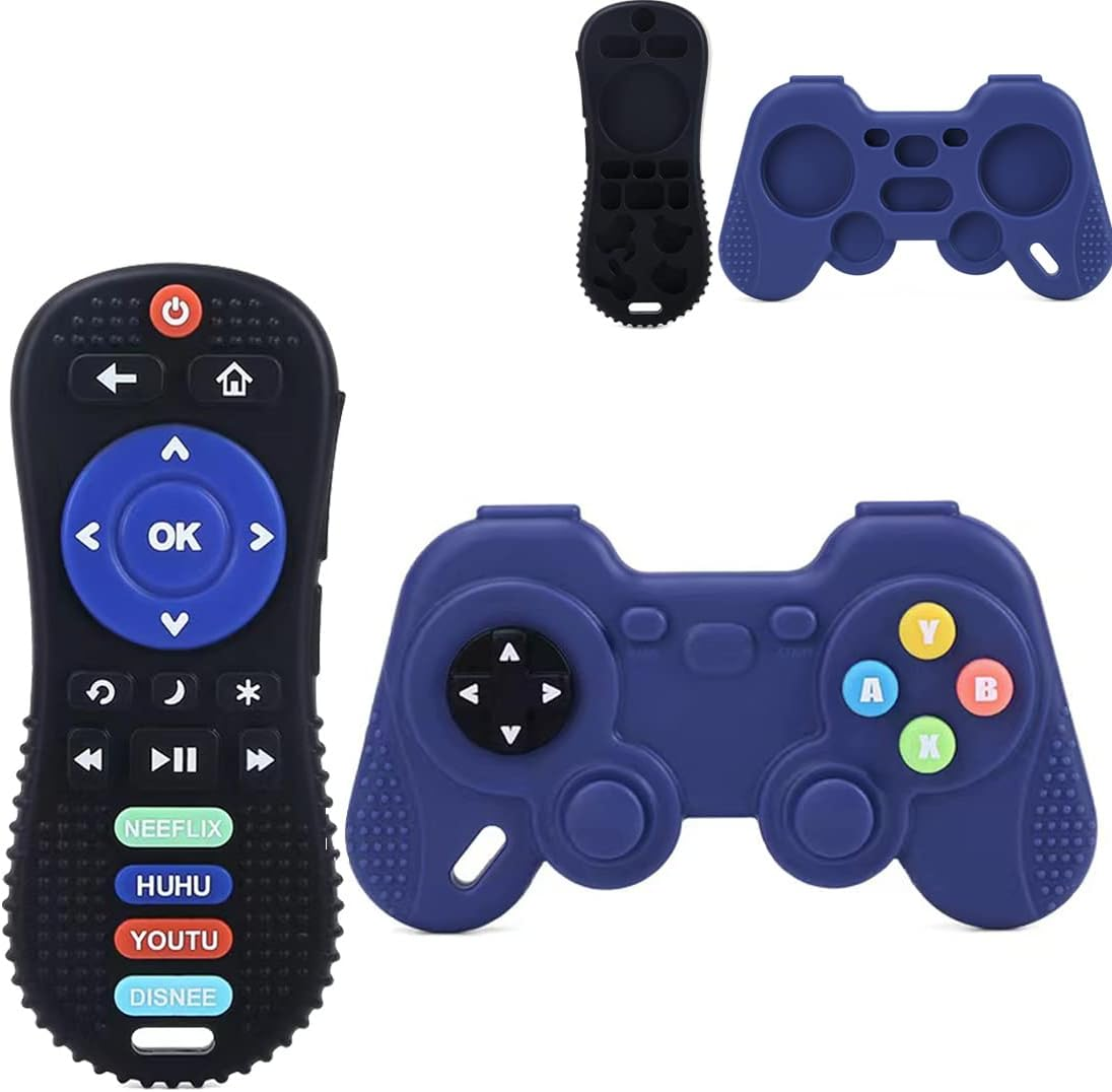 Pandaear Silicone Baby Teething Toys | Remote Control & Game Pad Teether Toys for Babies 6-18 Months | BPA Free Sensory Chew Toys Natural Freezer Safe for Infants Toddlers (Black & Blue)