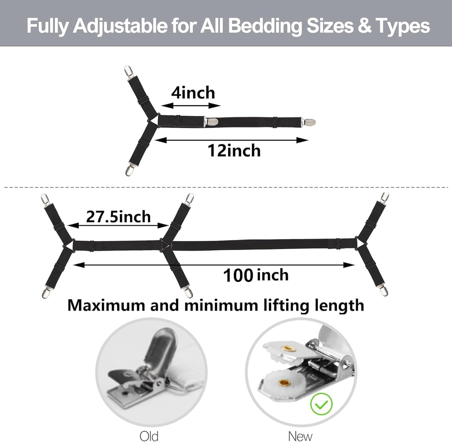 Elastic Crisscross Fitted Sheet Straps with Triangle Clips, 6 Piece Bedsheet Fastener Suspenders and Grippers, Crisscross Fitted Sheet Clips Holder Elastic Bands Bedsheet Fasten Suspenders Grippers