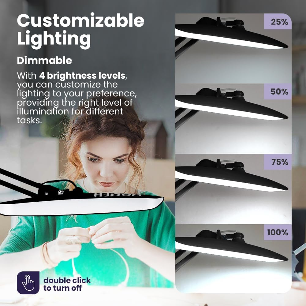 Neatfi XL LED Desk Lamp with Clamp, 2200 Lumens, 24W, 50Cm Wide Head, Dimmable 4 Brightness Levels, Task Light for Home Office, Crafts, Workbench (Non-Cct with Clamp, Black) image number 3