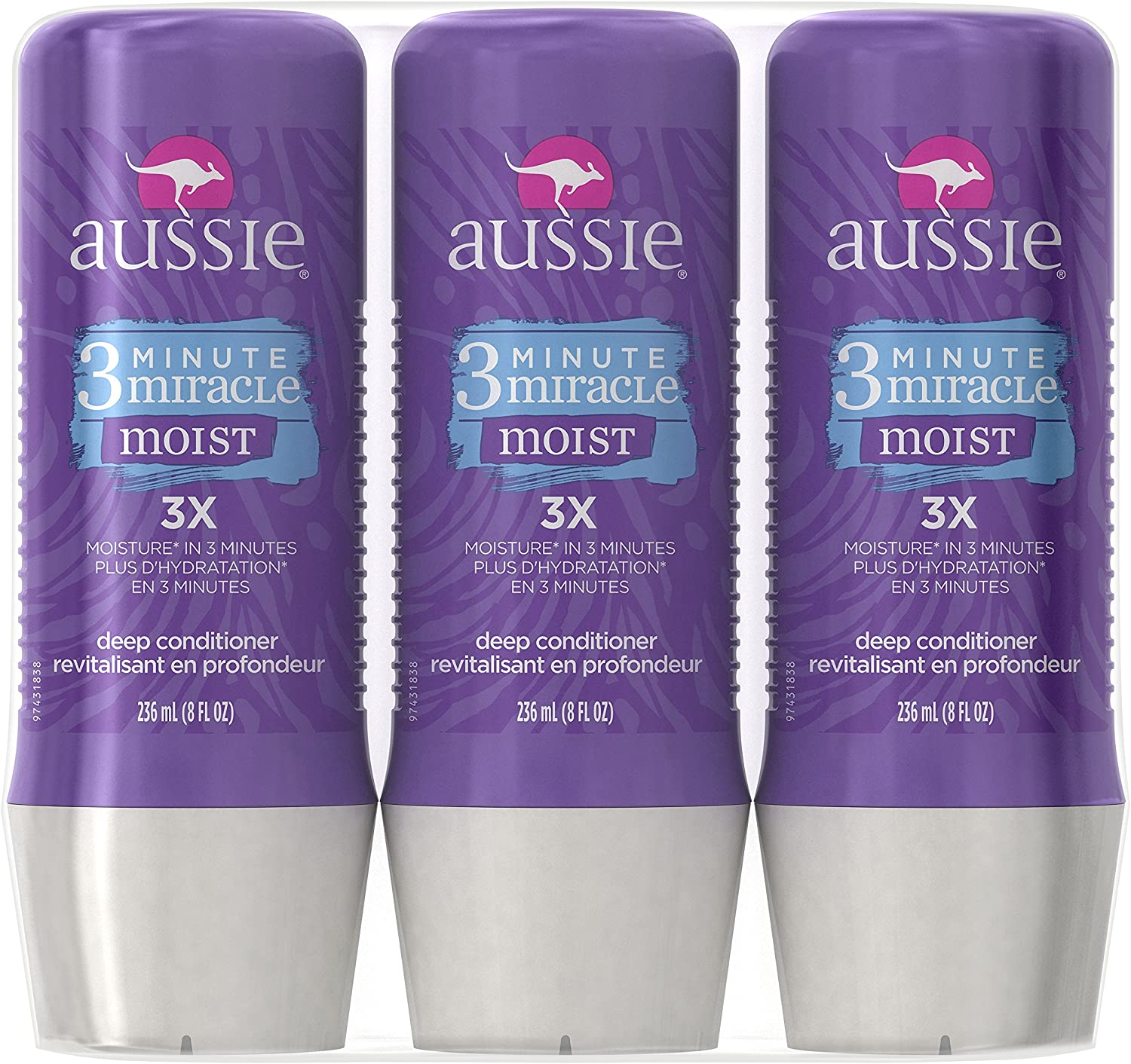 Aussie 3 Minute Miracle Moist Deep Conditioning Treatment, Detangler, 8 Fluid Ounces (Pack of 3) - Deep Conditioner