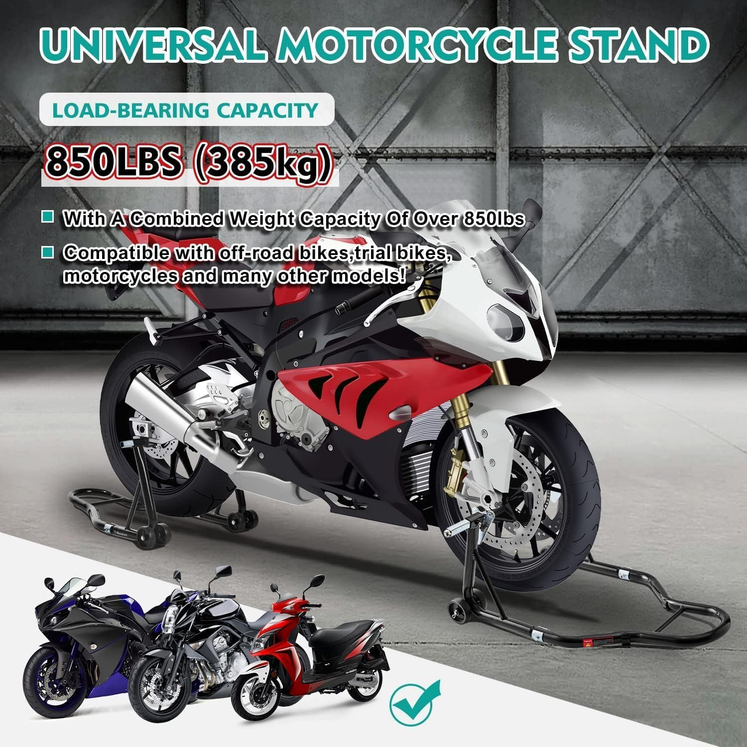 Motorcycle Stand Lift, 850Lbs Front Rear Combo Stand Lift Stand, Front Wheel Fork Stand, Rear U+L Fork Swingarm Spool Stand, Compatible with Most Yamaha Honda Kawasaki Suzuki Motorcycles image number 1