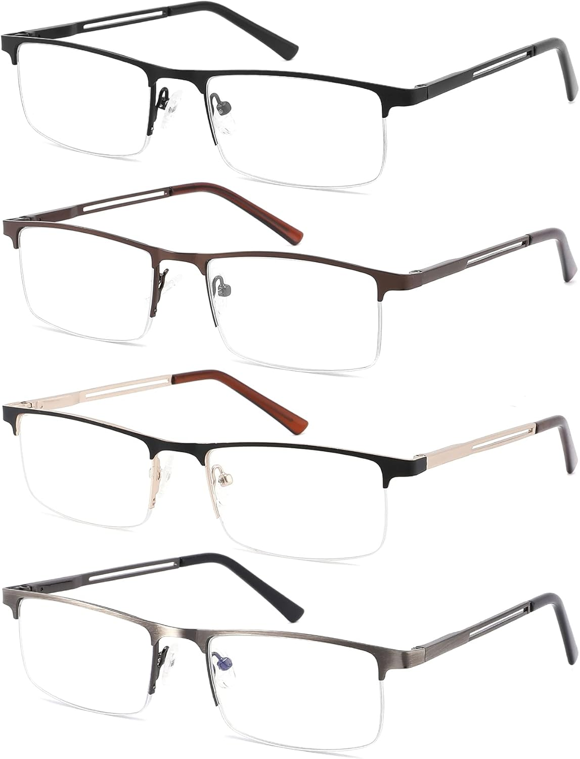 Dilly Vision 4 Pack Blue Light Reading Glasses for Men,Lightweight Metal Rectangle Semi Rimless Readers for Men