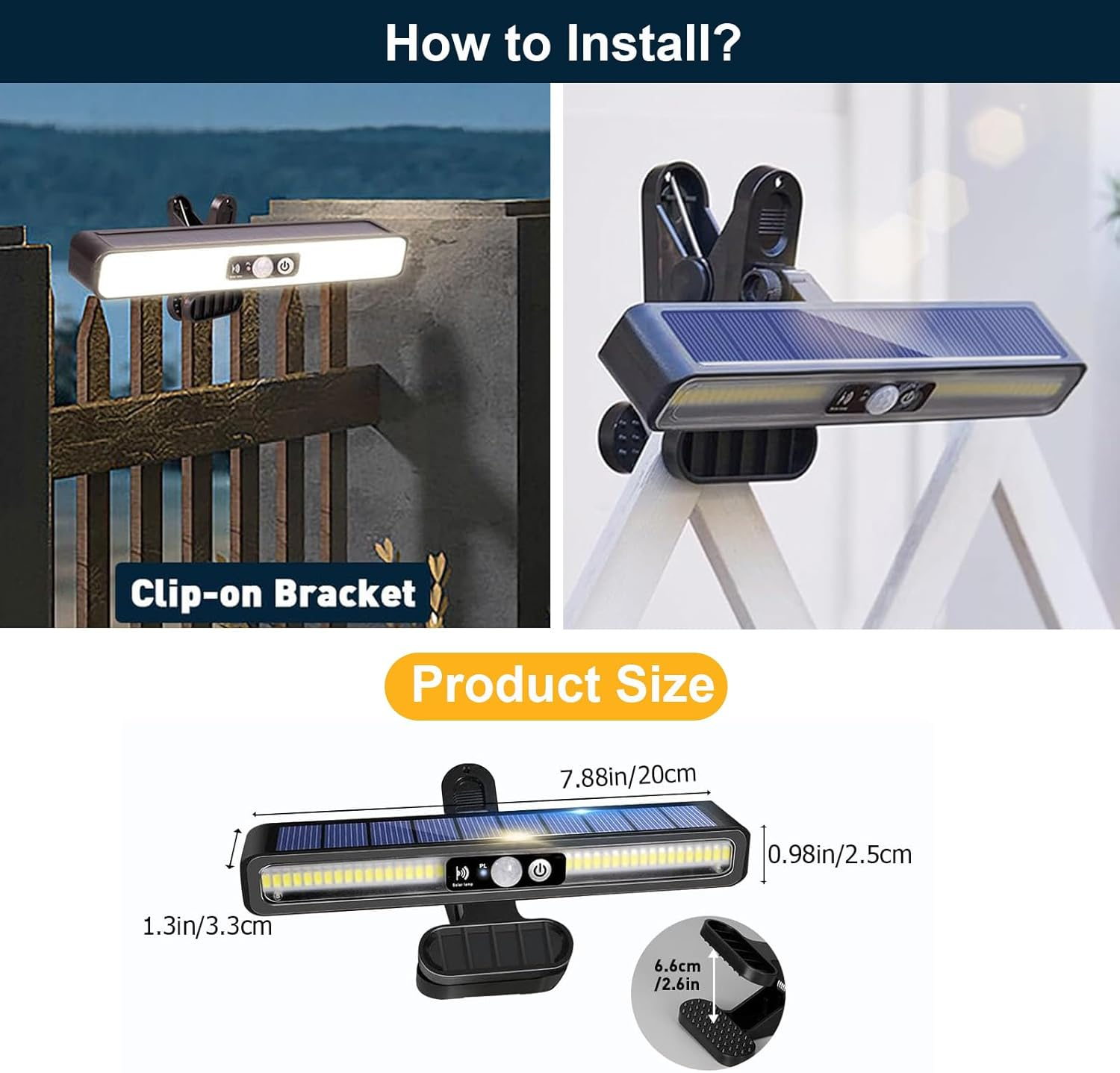 Clip on Solar Motion Sensor Lights Outdoor, 3 Lighting Modes High Bright Waterproof Clip on Solar Lights Outdoor, Solar Powered Security Lights for outside Fence Garage Backyard (2 Pack) image number 6
