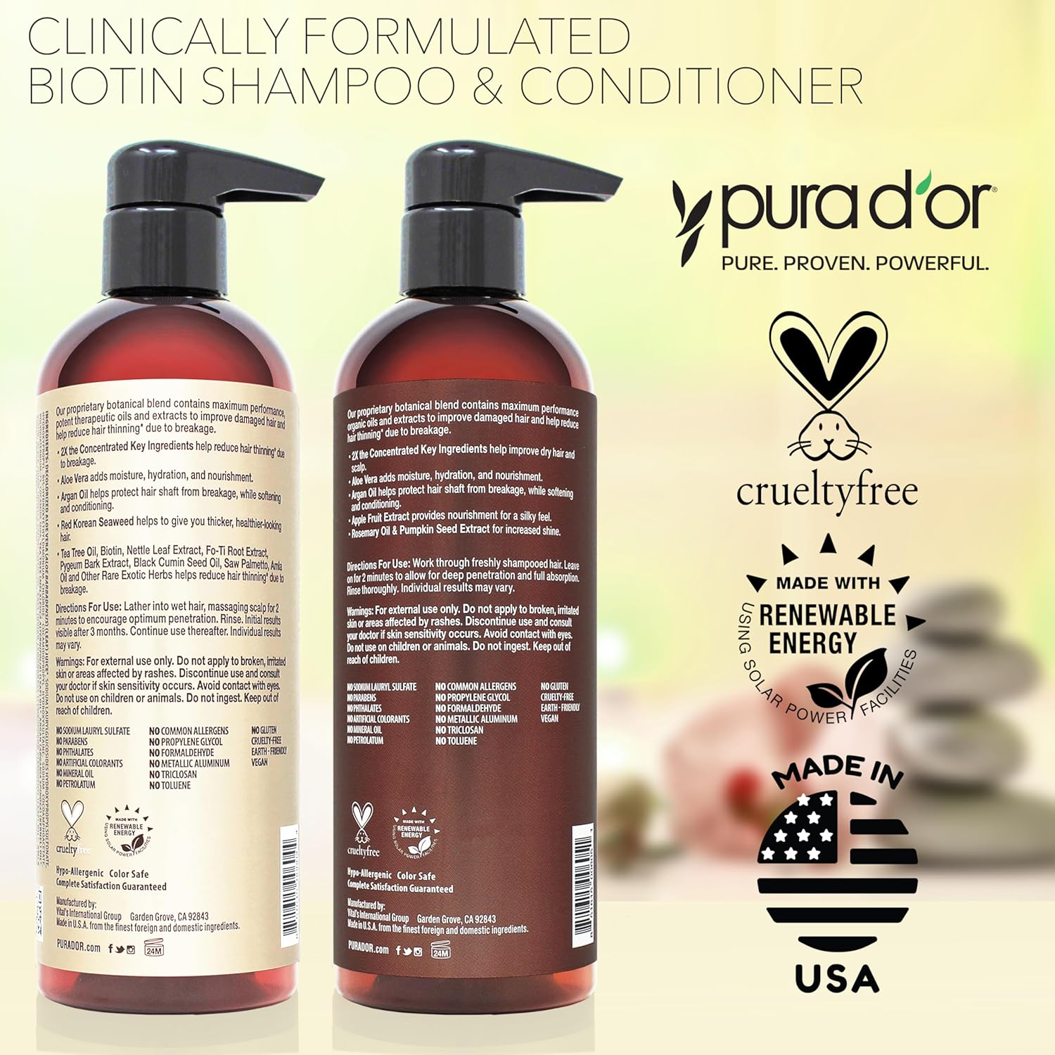 PURA D'OR Professional Grade Clinically Formulated Biotin Shampoo & Conditioner for Hair Thinning - 2X Concentrated DHT Blocker Thickening Products for Women & Men, Sulfate Free, 16Oz X2 image number 2