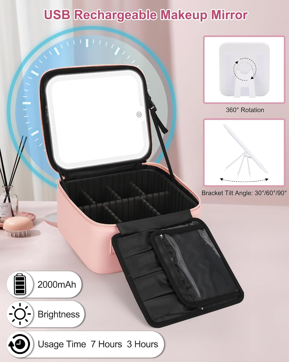 Relavel Makeup Bag with LED Mirror Cute Personalized Initial Makeup Bag for Women Pink Cosmetic Travel Toiletry Bag Girl Gifts, Pink image number 6