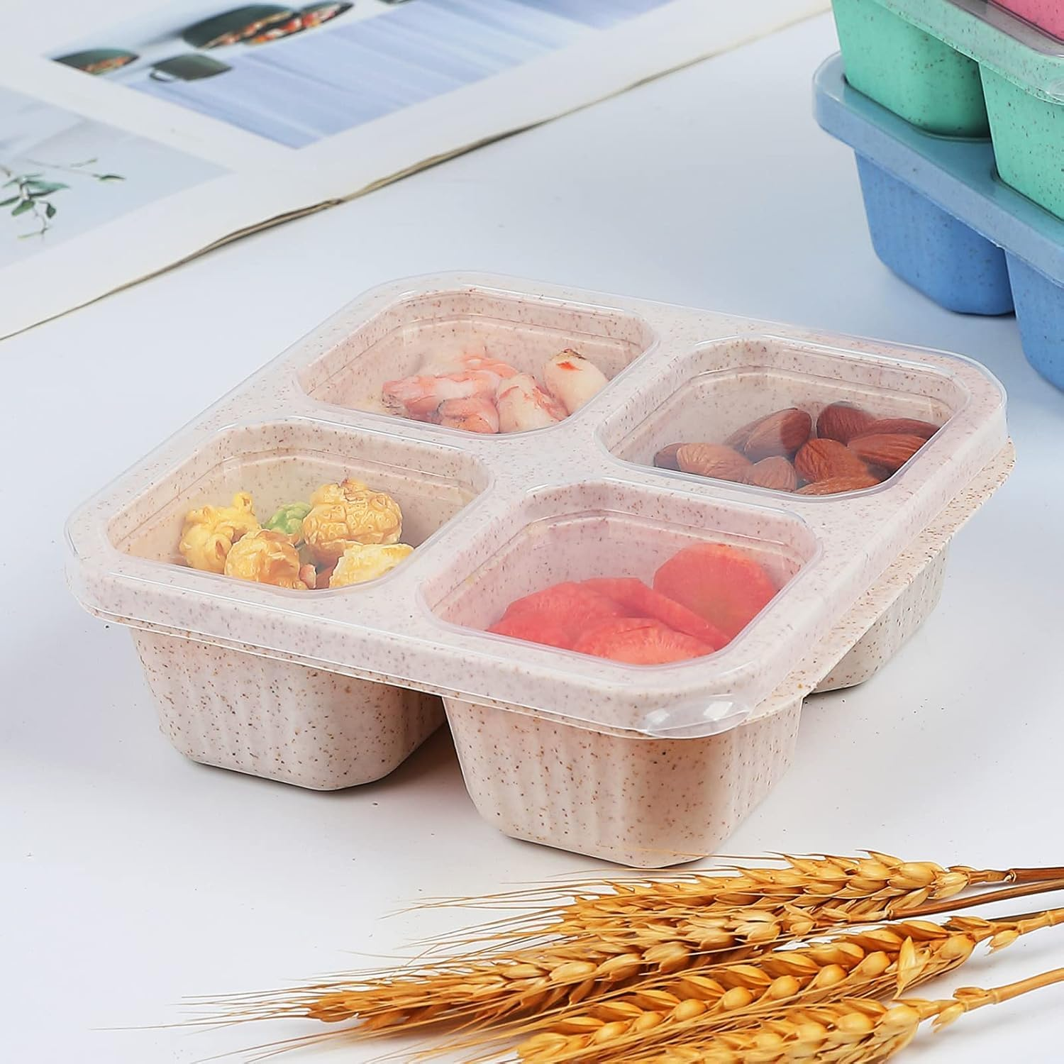 4-Compartment Bento Lunch Containers,Wheat Straw Meal Prep Lunch Box ，Plastic Food Storage Container， Set of 4, Multi-Colour image number 4