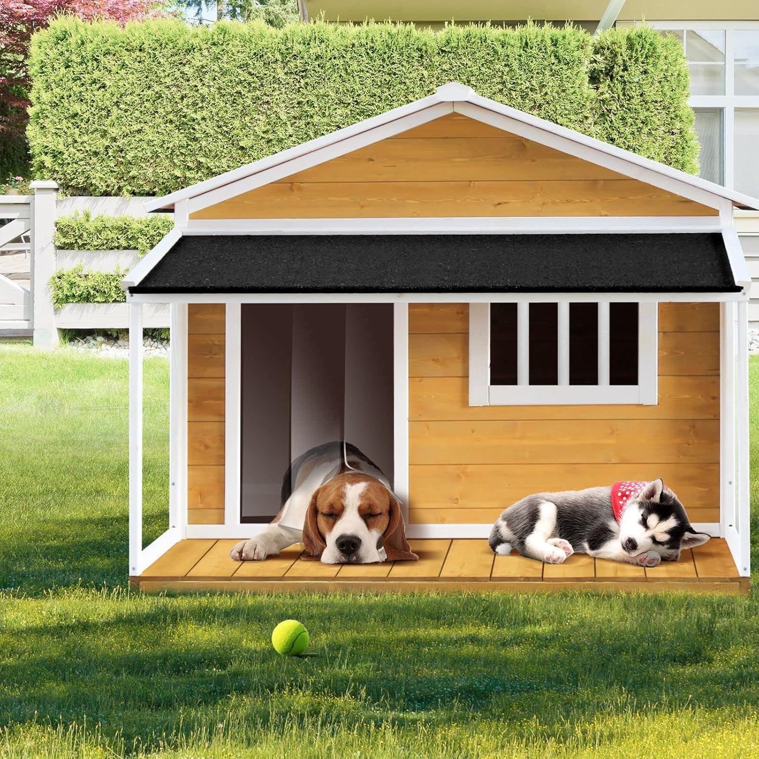 Wooden Dog House Kennel Raised Puppy Pet Shelter Home Outdoor inside with Porch Window Door Asphalt Roof XL