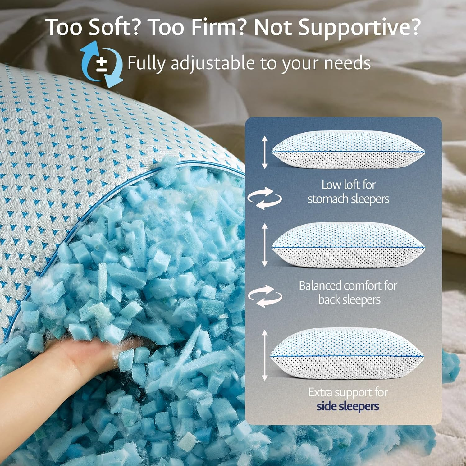 Cooling Gel Memory Foam Pillows Queen Size Set of 2 for Sleeping,Bamboo Rayon Adjustable Firm Shredded Foam Bed Pillows 2 Pack for Side, Back, Stomach Sleepers Luxury Washable Breathable Pillowcase image number 1