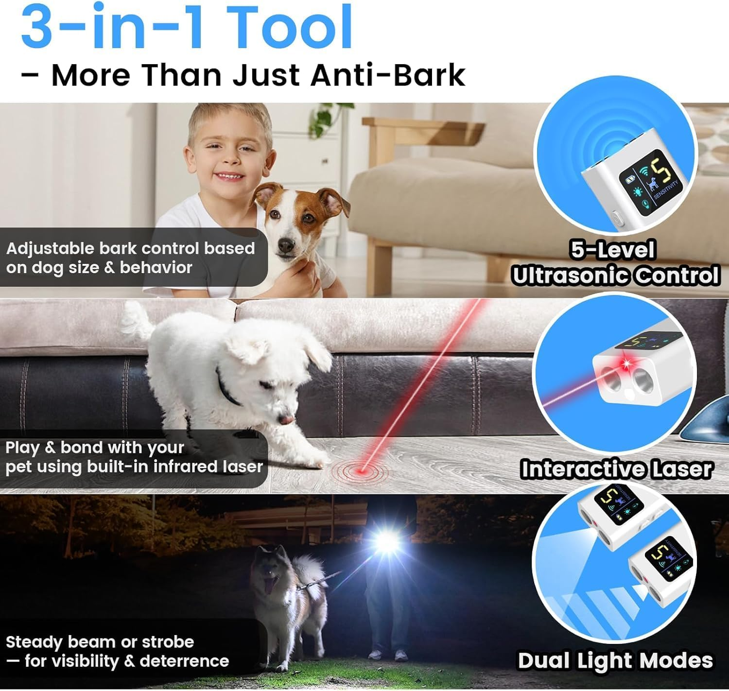 Anti Barking Device for Dogs, Multi-Functional Dog Bark Deterrent Devices up to 30 Ft Effective Control Range, 3 Modes & LED Light Ultrasonic Dog Trainer, Safe for Human & Dogs image number 6