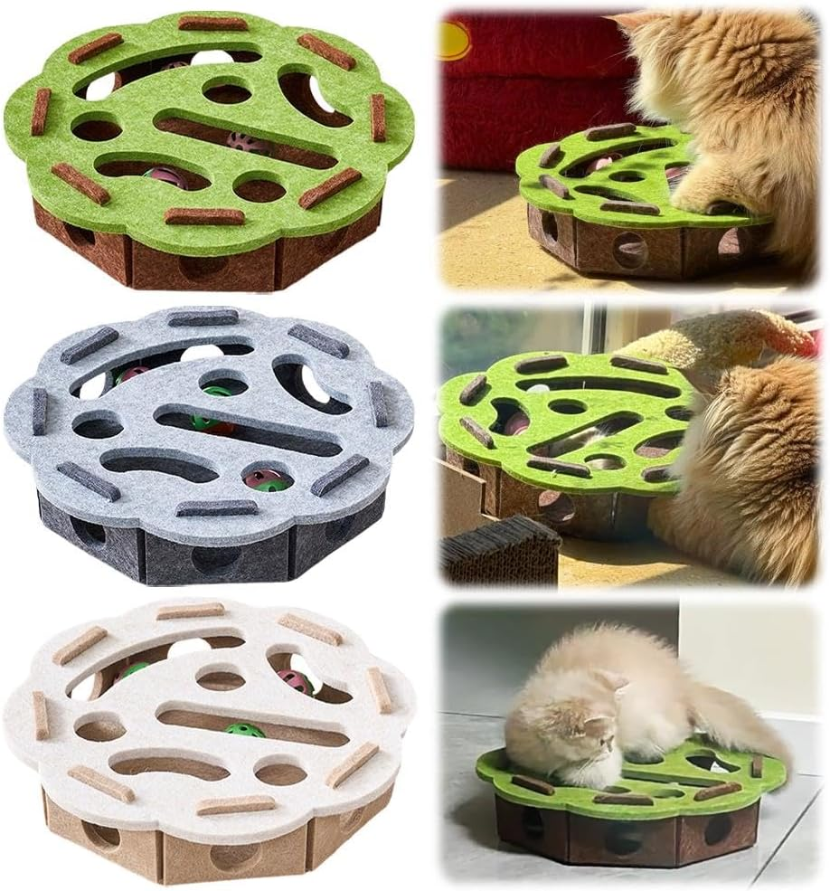 Cat Scratch Puzzle Enrichment Box, Interactive Cat Nail File Enrichment Box,Cats Nail File Scratcher with 3 Bells,For Indoor Cats Scratching & Hunting Mental Felt Maze Boxs (Gray) - Camel image number 5