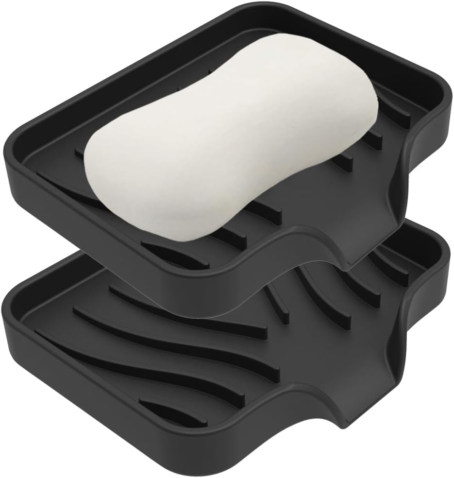 Vekol Soap Dishes with Drain Spout, 2PCS Silicone Soap Holder Waterfall Drainer Soap Saver, Sponge Holder, Dish Soap Tray for Shower, Bathroom, Kitchen, Bath Tub, Razor (Grey + Grey)