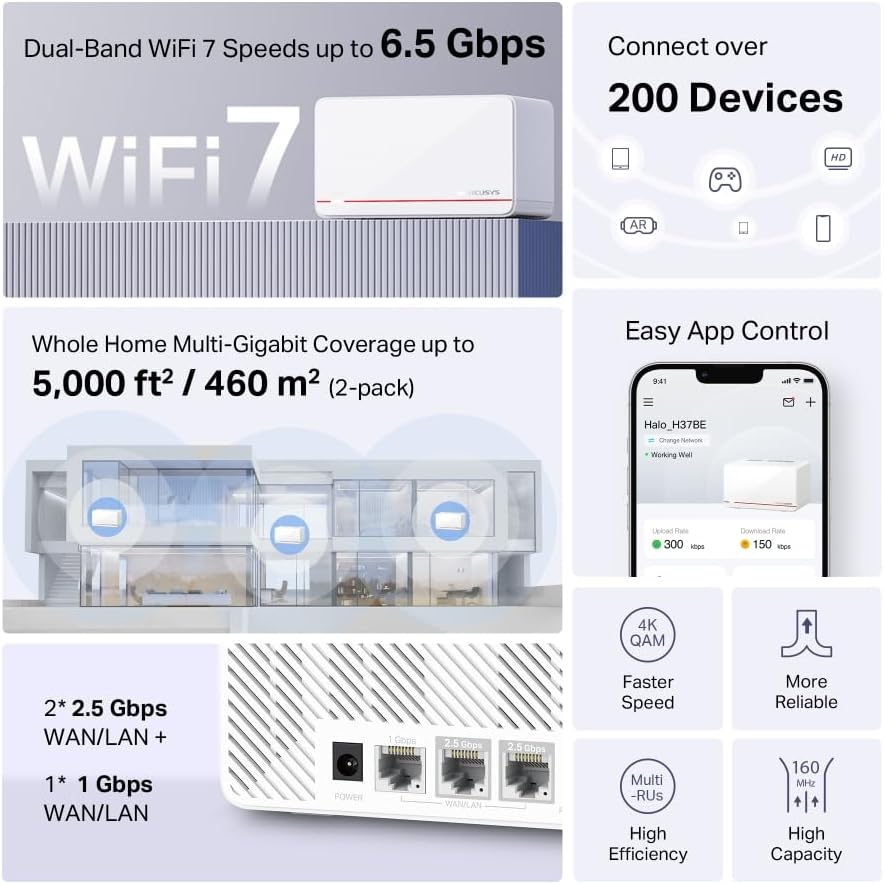 Mercusys BE6500 Whole Home Mesh Wi-Fi 7 System, Dual-Band, 4K-QAM, MLO, 2 X 2.5G + 1 X 1 G, Seamless Roaming, Gaming & Streaming, Easy APP Manage and Setup, Parental Control (Halo H37Be(2-Pack))