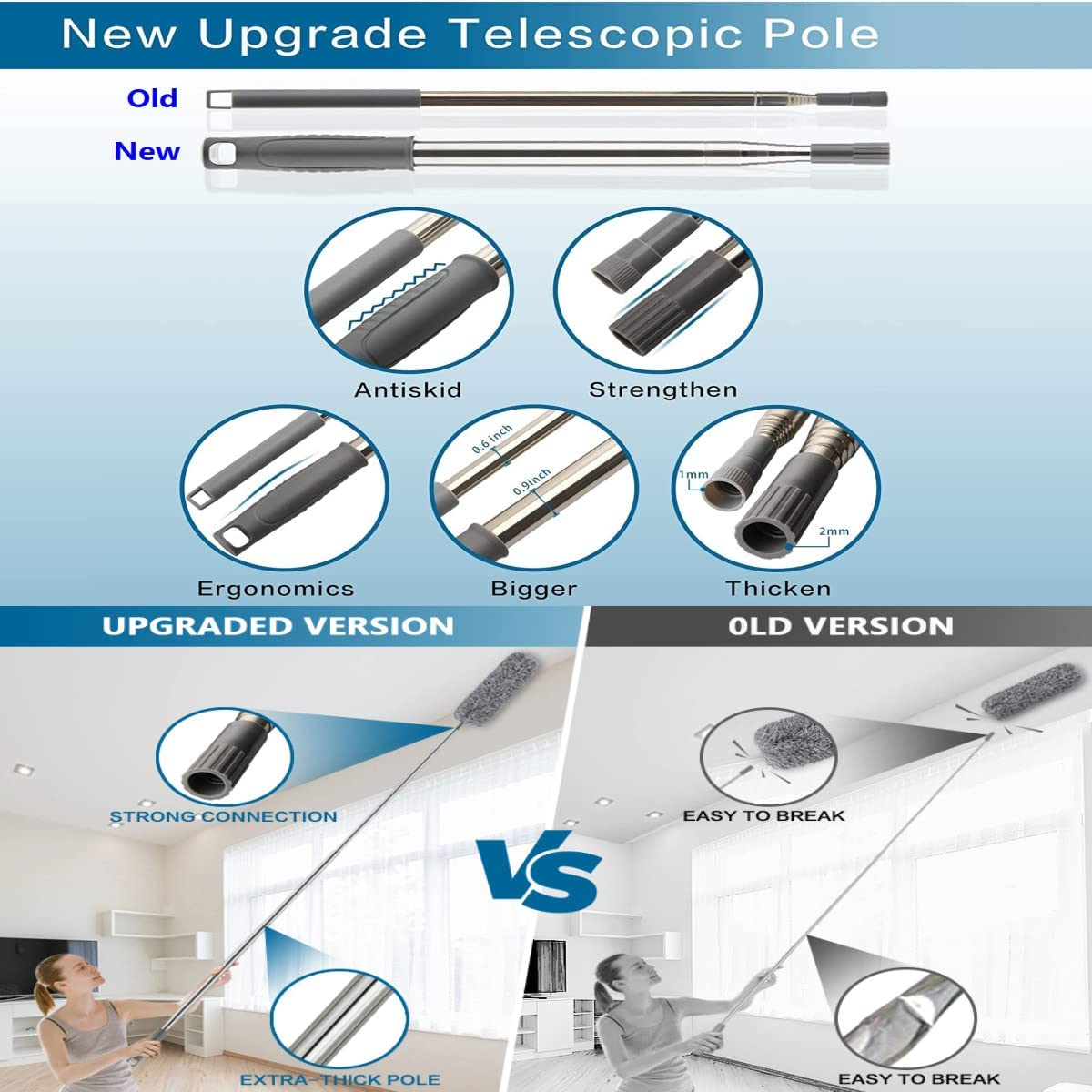 New Upgrade Feather Duster 100Inch Bold Extension Telescopic Pole, Bendable & Washable Microfiber Dusters,With 3 Brush for Cleaning Ceiling Fan, Cobweb,Gap, High Ceiling, Blinds, Furniture, Cars - 4In1Blue image number 6