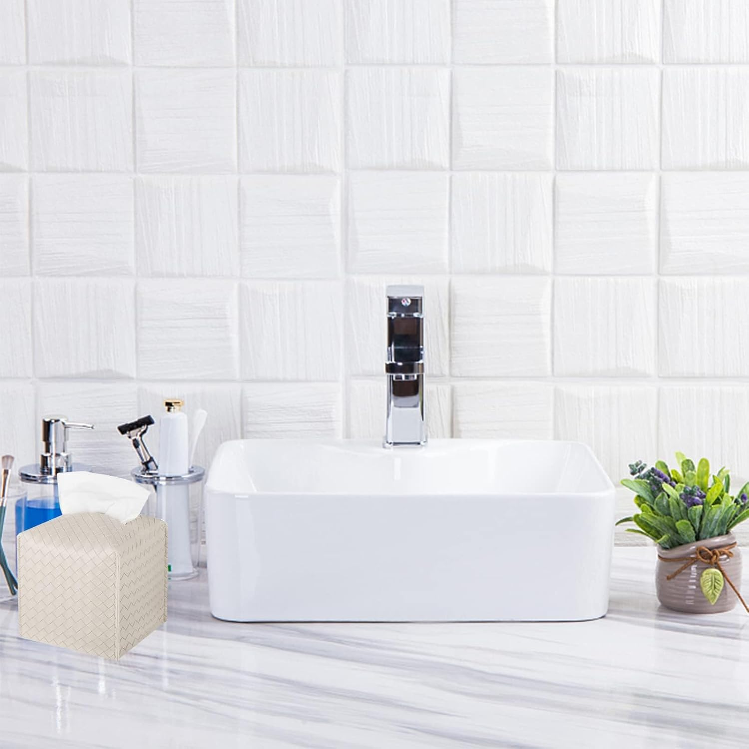 Tissue Box Cover PU Leather Tissue Holder Square Facial Tissue Case Facial Paper Organizer Dispenser for Bathroom, Vanity Countertop, Tabletop, Car, Griege (Beige)