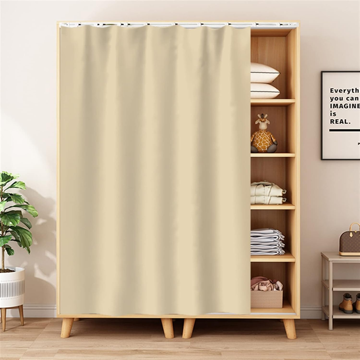 SK Studio Cabinet Curtains for Shelves, Privacy Closet Curtain Dust-Proof Window Shades for Kitchen Storage Room, No Tools No Drill Beige, 39" W X 71" H