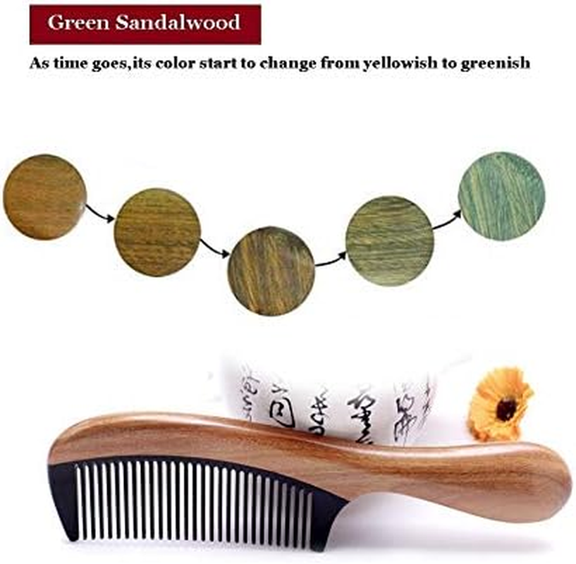 Liasun Handmade Fine Tooth Hair Comb anti Static 100% Natural Green Sandalwood Buffalo Horn Comb Detangling Comb for Women, Men, Thick, Curly, Straight, Wavy Hair - Standard Tooth image number 3
