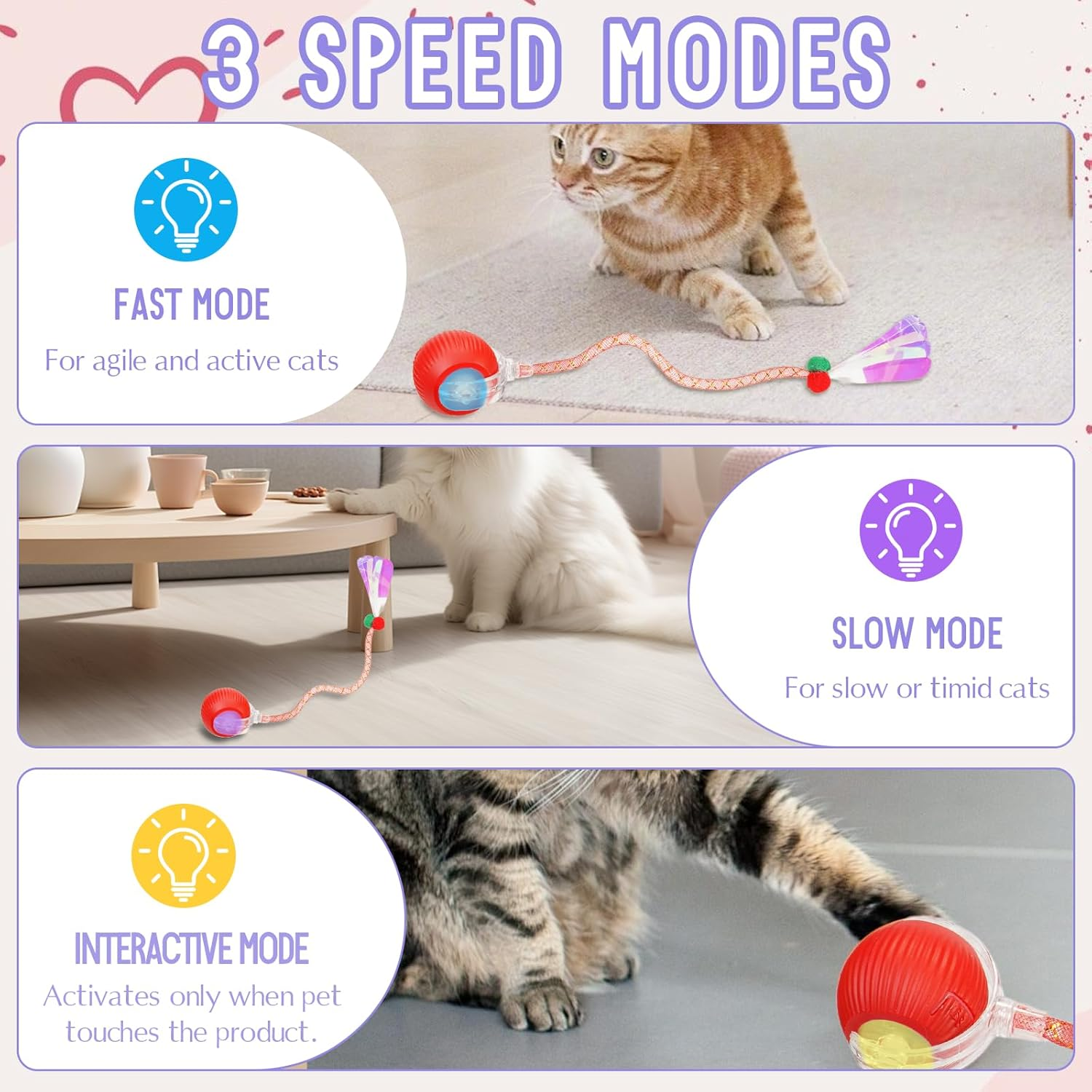 Interactive Cat Toy Ball with 2 Tails&ndash;2025 Upgrades Cat Toys for Indoor USB-C Rechargeable,Auto Rolling,Smart Obstacle Avoidance,Self-Activating Electric Chase Toy for Bored Indoor Cats & Dogs(Red image number 1