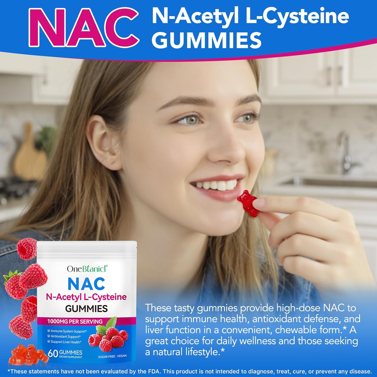 NAC N-Acetyl L-Cysteine Gummies | 1000Mg per Serving | Raspberry Flavour | 60 Vegan Gummies image number 2