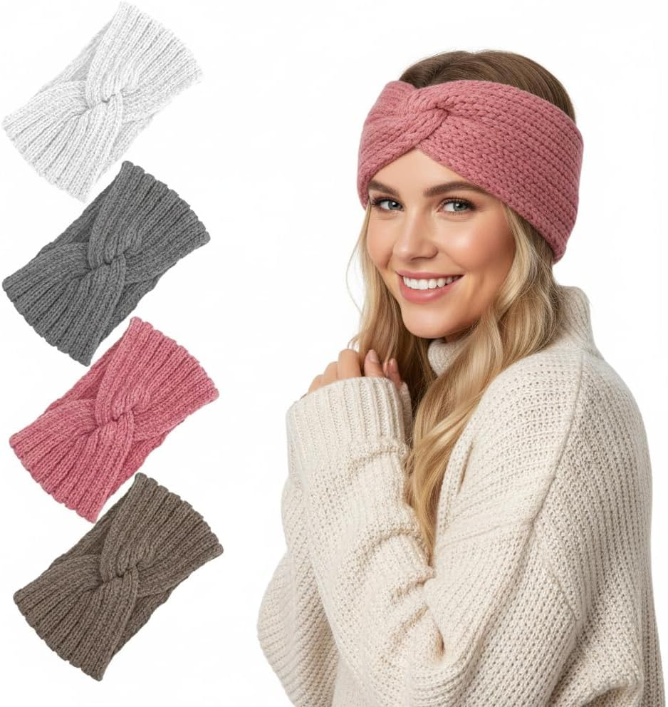 Pack of 4 Women'S Winter Knitted Ear Warmers Hair Band Thick Headbands Knitted Headbands Elastic for Women and Girls image number 3