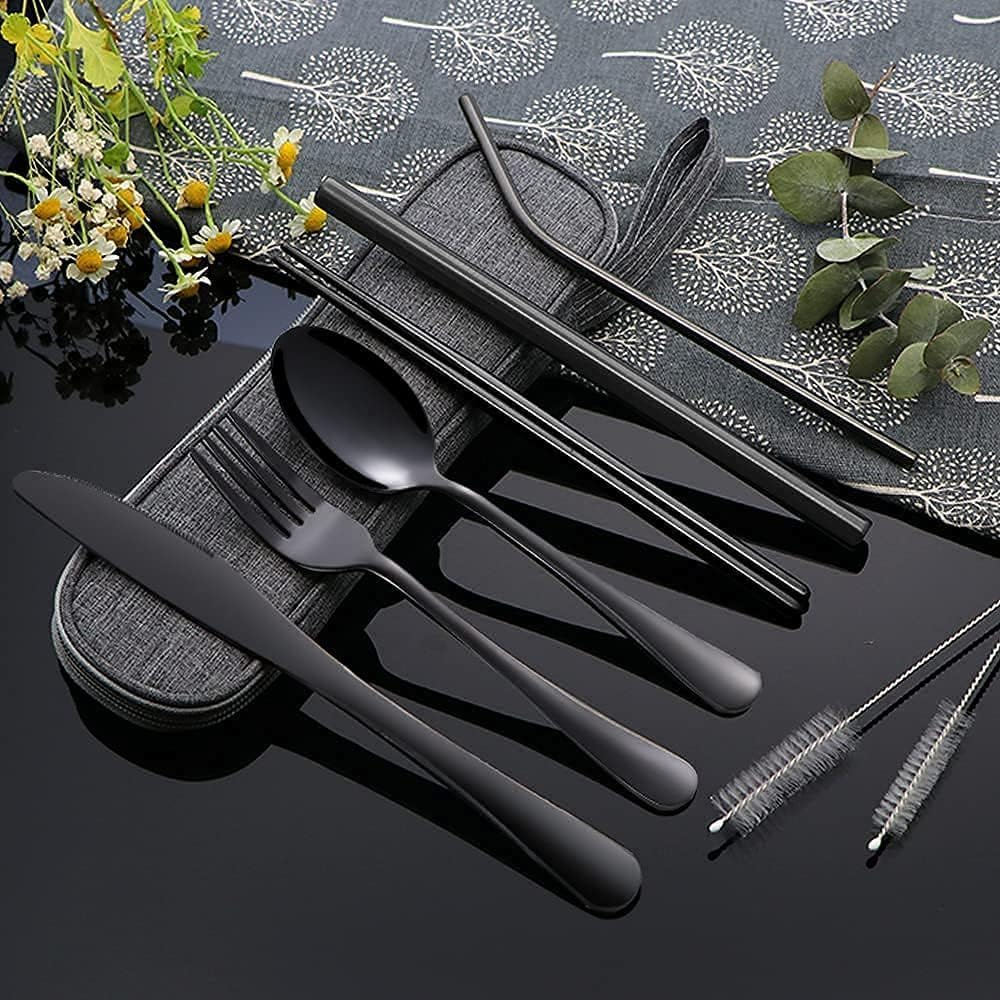 MKUCCD Travel Utensils with Case, Portable Travel Utensils Cutlery Set Stainless Steel Flatware Set for Camping 7Pcs Including Dinner Knife Fork Spoon Chopsticks (Black) image number 4