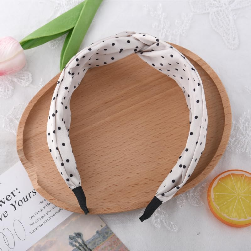 Polka Dot Headband Top Knot Headband for Women Polka Dots Head Band Wide Knotted Headbands for Women Girls Polka Dot Hairband Fashion Beige Hair Accessories - Beige image number 5