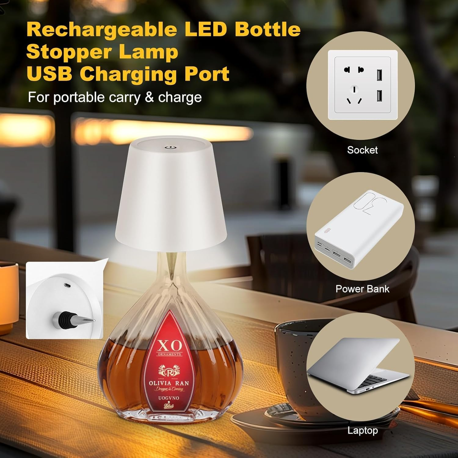 Wireless Bottle Lamp 2000Mah, Touch Table Light with 3 Color Stepless Dimming, Rechargeable Atmosphere Touch Lamp for Bars, Cafes, Restaurants, Bedrooms, Outdoor Environments (White, 1Pcs) image number 6