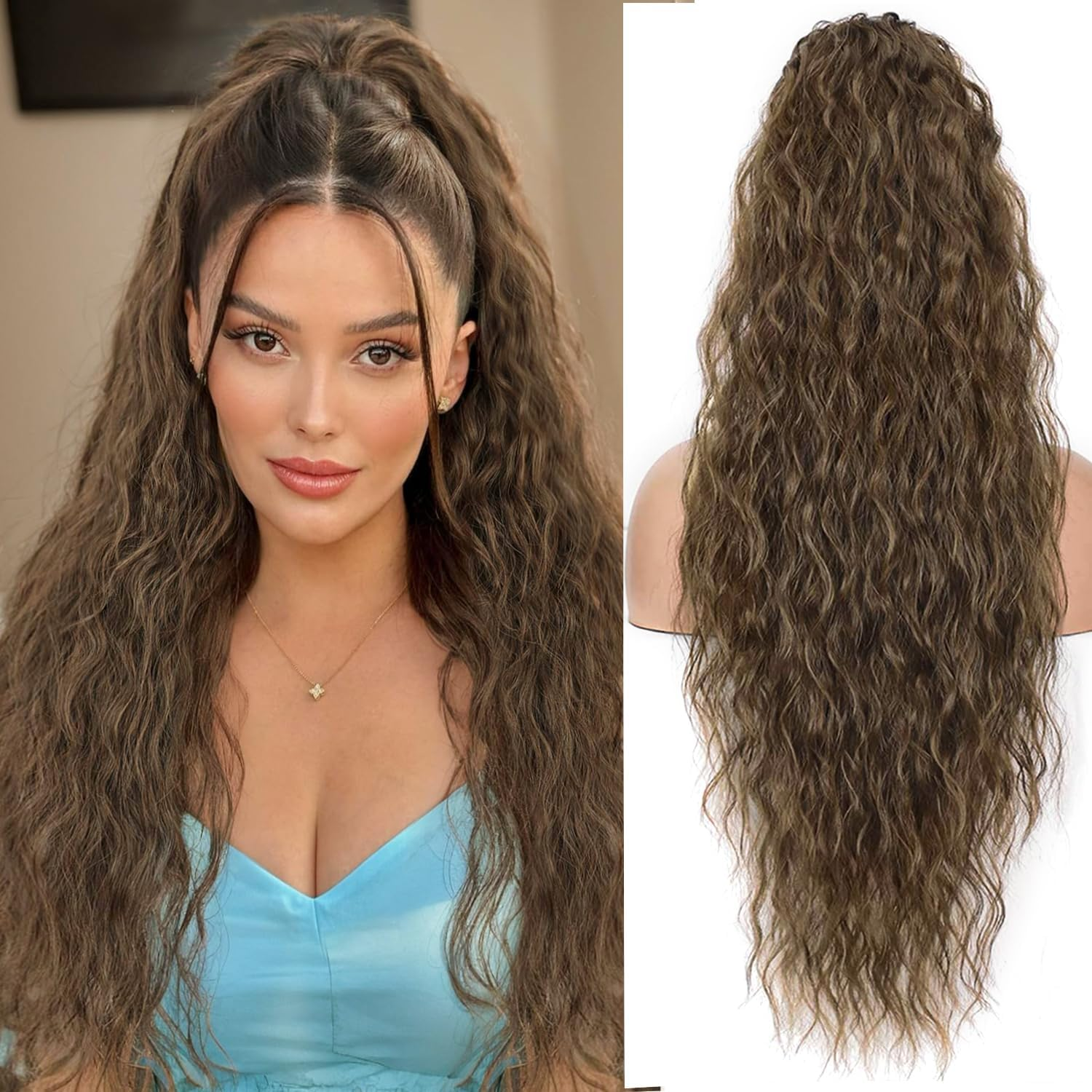 PORSMEER Ponytail Hairpiece Long 75 Cm with Drawstring Wavy Curls Ponytail Extension Ginger Orange Natural Clip-In Hairpiece Ponytail Hair Braid for Women Afro Braid Hair Extensions