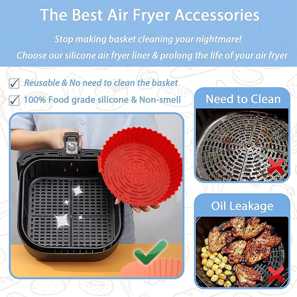 Fxvhojq 2Pcs Air Fryer Silicone Pot - Reusable, Heat Resistant, BPA Free, Dual Handle, 20Cm Round, Baking Pan, Fruit Tray image number 6