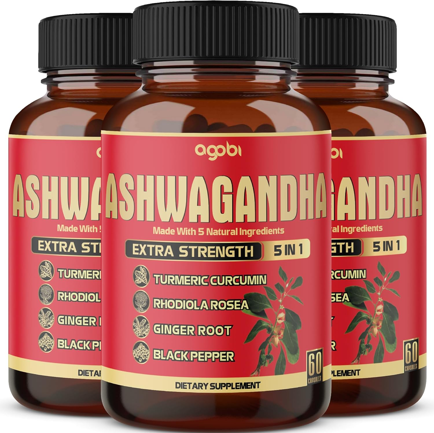 3 Packs 60 Capsules for 6-Month Supply - 5 in 1 Organic Ashwagandha Supplements 5200Mg - Combined with Turmeric, Ginger, Black Pepper & Rhodiola - Support Restful Mood, Strength & Energy Production image number 1