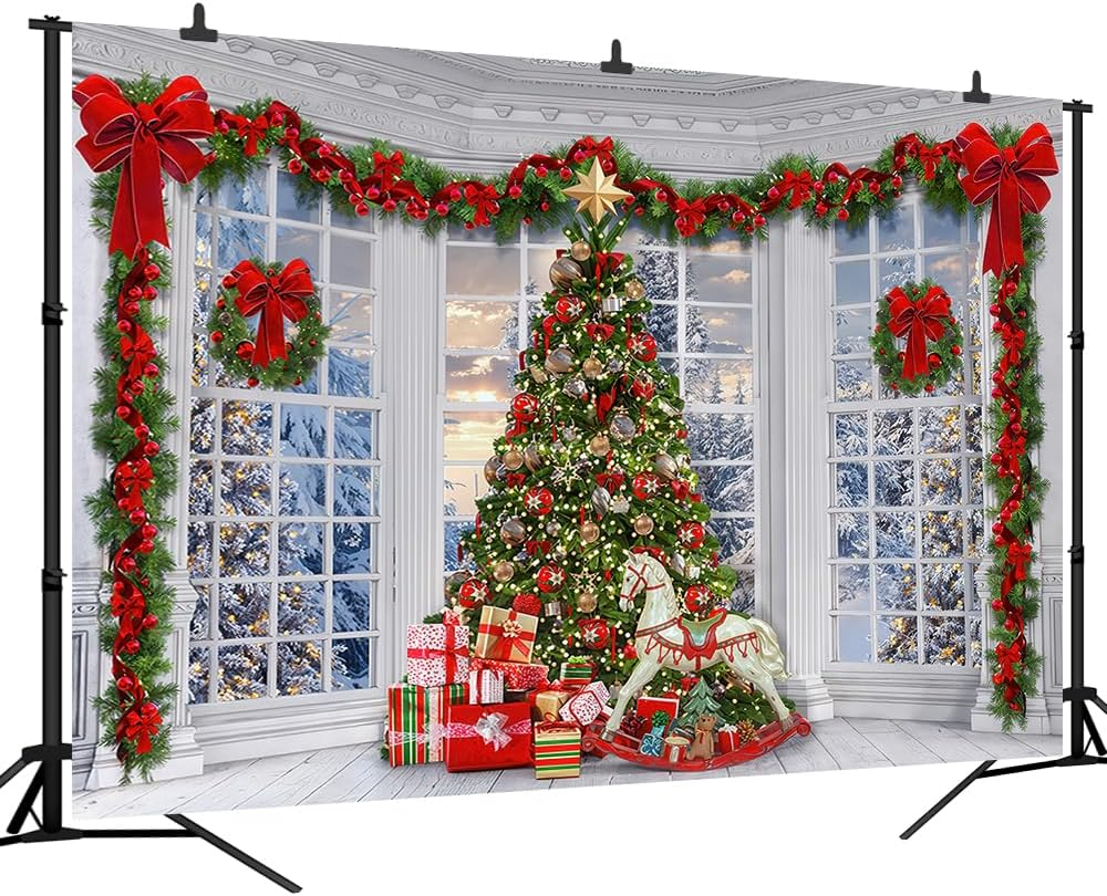 9X6Ft Christmas Window Backdrop for Photography Xmas Pine Tree Gifts Background Winter Snow Scene Merry Christmas Photo Backdrop Studio Props Banner