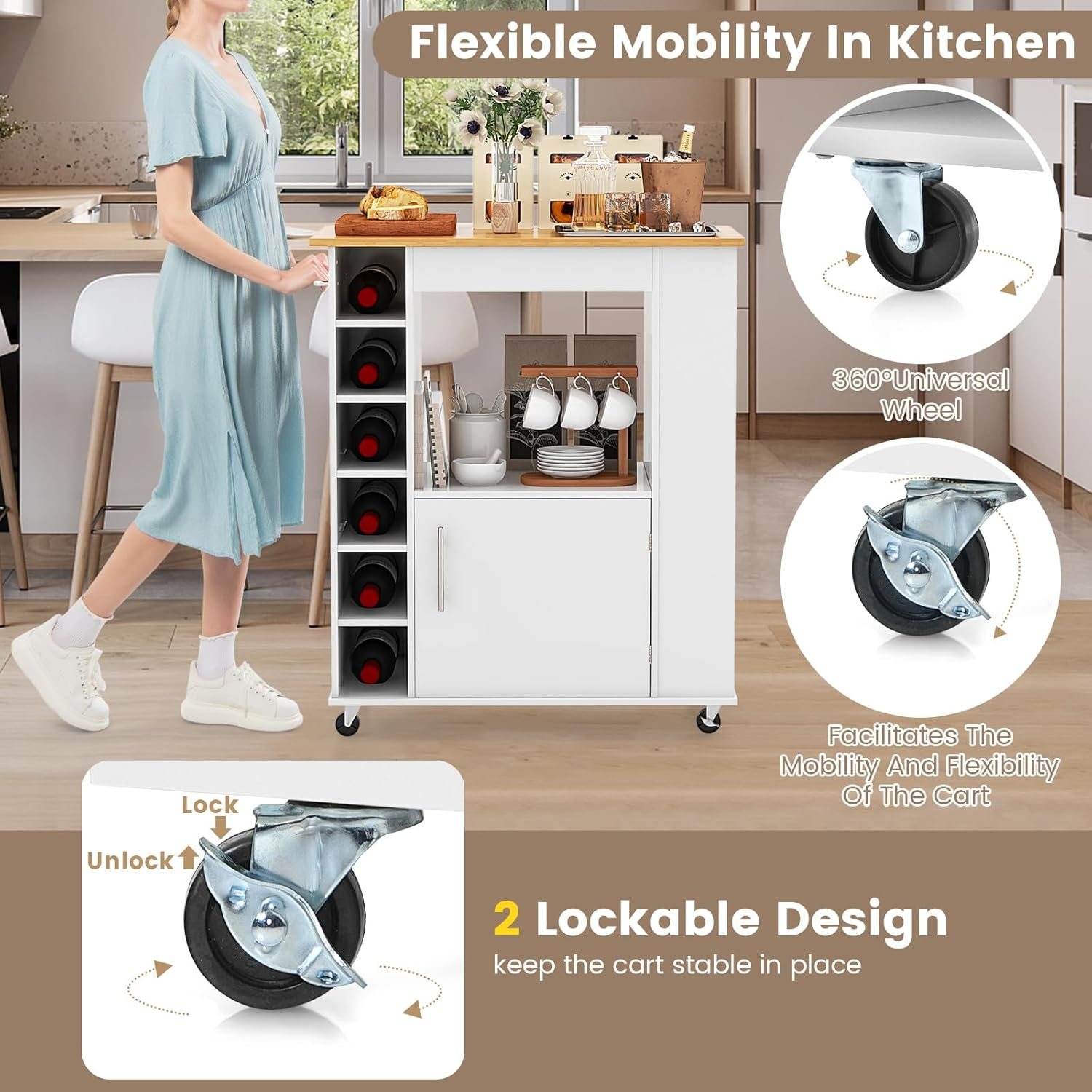 Giantex Kitchen Island with Storage, Rolling Kitchen Cart with Towel Rack, Storage Cart on Wheels W/Bamboo Top, 6-Bottle Wine Rack, Spice Rack for Dining Room, White image number 3