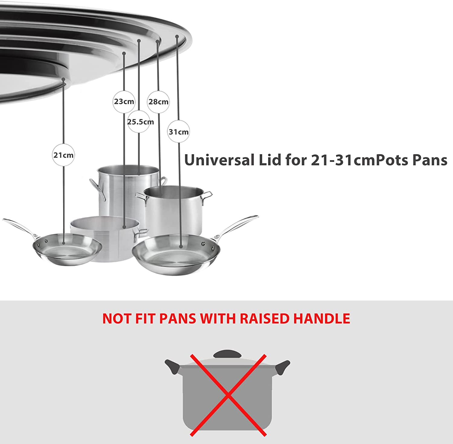 Wishdirect Universal Lid for Pots and Pans - One Size Fits All 21-31Cm Pots Frying Pans Skillets Woks, Replacement Pot Lid with Heavy Duty Heat Resistant Silicone Knob (Black, round Handle) image number 2