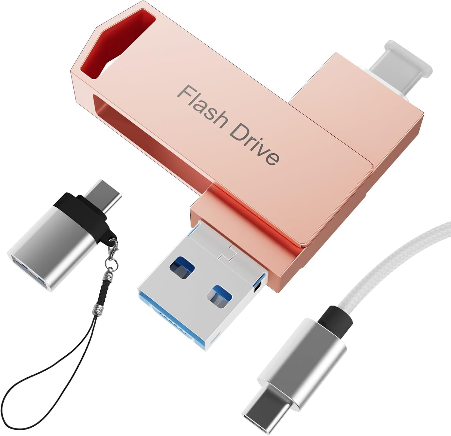 512GB 4In1 USB Flash Drive for Iphone USB3.0 Stick for Data Storage, Memory Stick for Data Storage, Compatible with Iphone, Ipad, Android, Pc-Stick with USB-C Cable& Adapter,Lanyard (Silver)