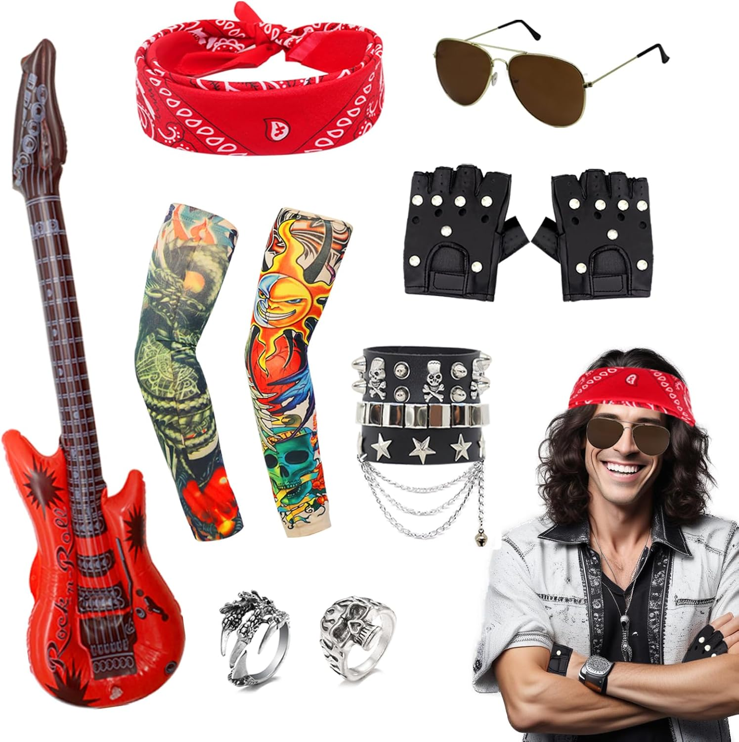 11Pcs Punk Gothic Rocker Costume Set, Rock Heavy Metal Accessories with Retro Sunglasses Gloves Bandana Fake Tattoo Sleeves Bracelet Rings Inflatable Guitar for Women Men Halloween 80S Disco Party image number 4