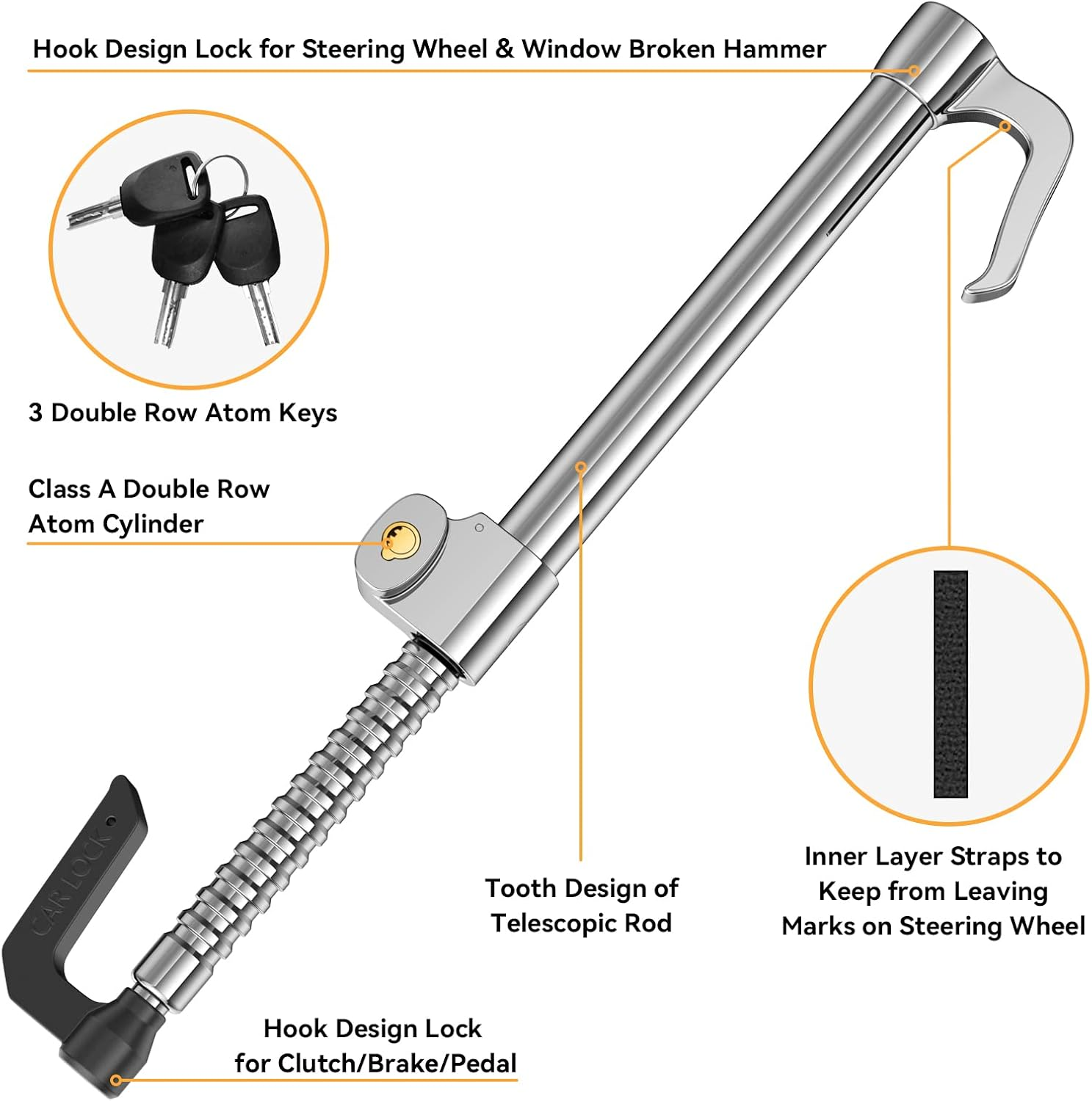 YOLOCKEY Universal Steering Wheel Lock Brake Lock Vehicle Anti-Theft Device Adjustable Length Clamp Double Hook Car Security Clutch Pedal Lock with 3 Keys for Car Truck SUV Van image number 4