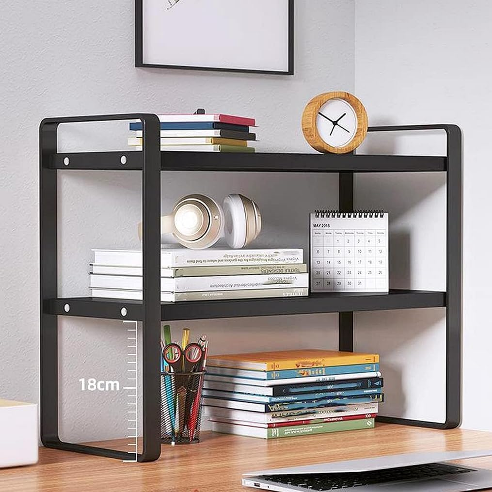 Iron+Wood Student Desktop Clutter Storage Bookshelf, Office Computer Desk Deskt File Organizer Rack 2-Tier Cabinets Shelf (Black, 2-Tier), 014-8 image number 6