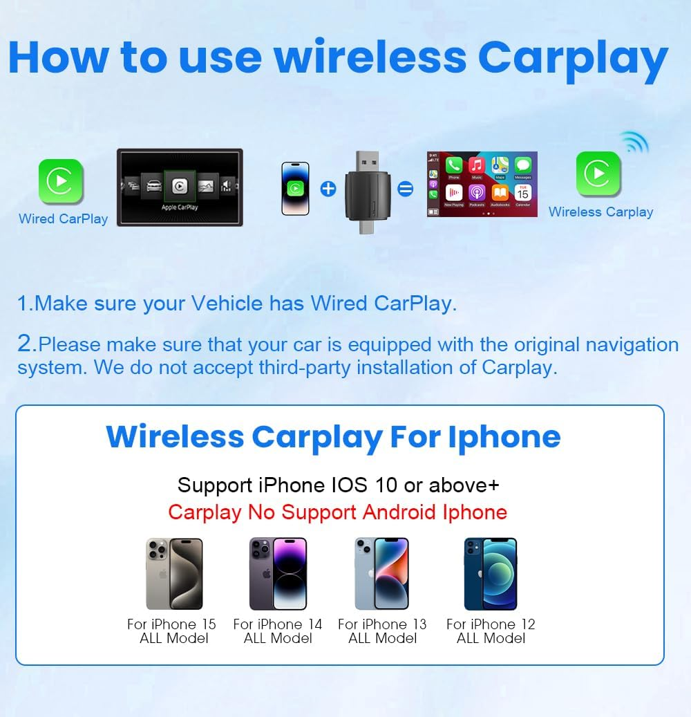 Wireless Carplay Adapter 2 in 1 for Iphone & Android，Car Accessories, Auto Convert Wired to Wireless Carplay, Black image number 1