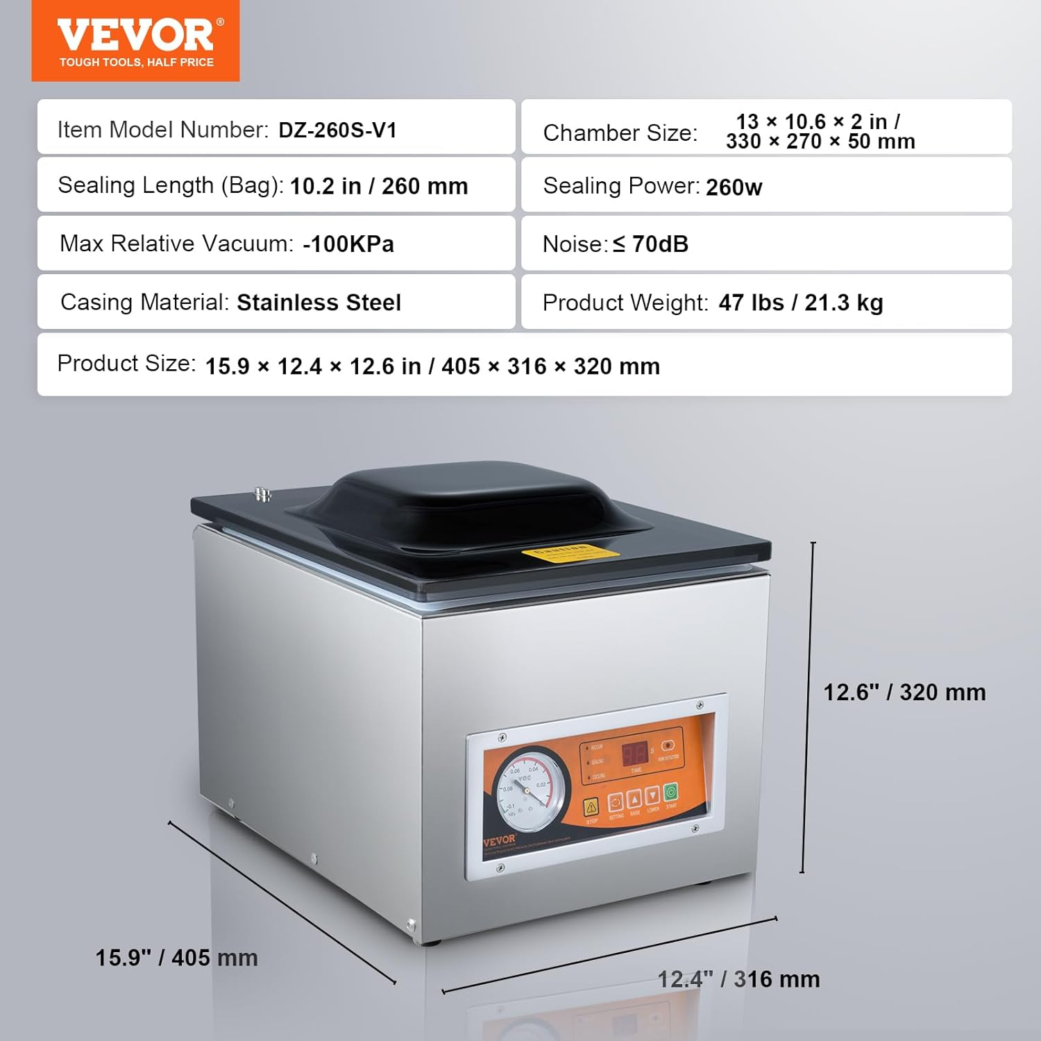 VEVOR Chamber Vacuum Sealer, 260W Sealing Power, Vacuum Packing Machine for Wet Foods, Meats, Marinades and More, Compact Size with 260 Mm Sealing Length, Applied in Home Kitchen and Commercial Use image number 6