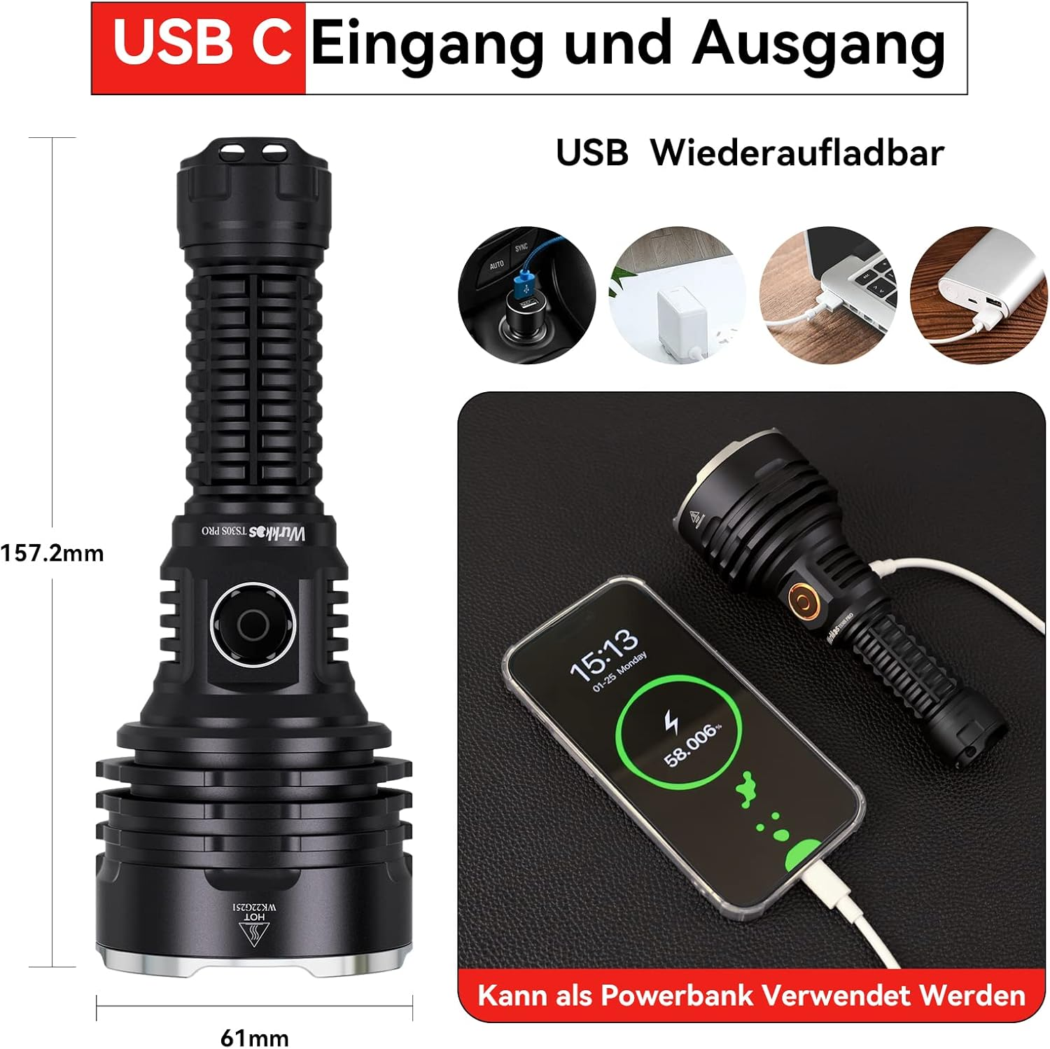 Wurkkos TS30S PRO Flashlights, Super Bright, Rechargeable LED Torch, 6000 Lumens, SBT90.2 LED, Tactical Torch with Anduril 2.0 UI, IP68 Waterproof, 1086M Range for Camping, Hiking image number 2