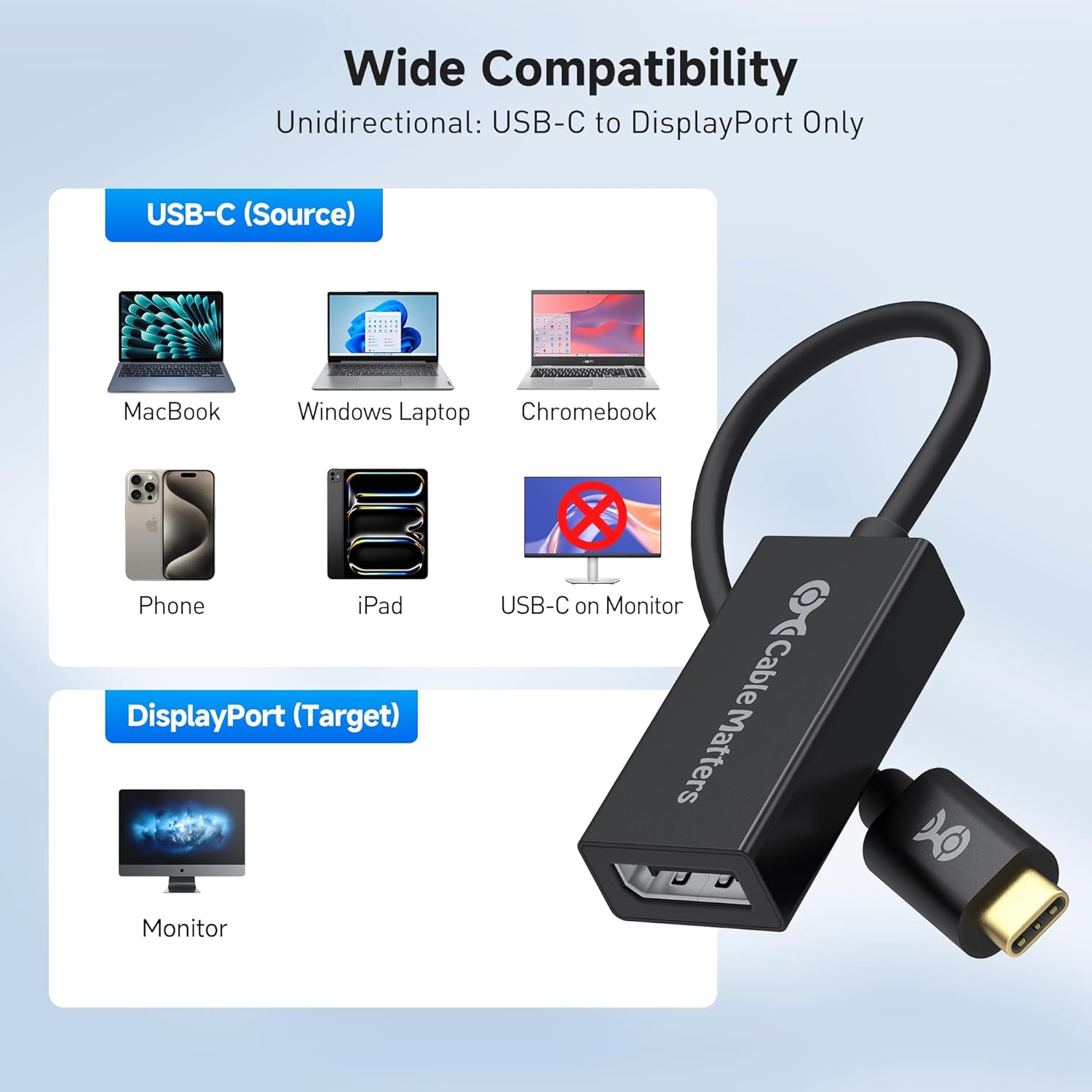 Cable Matters 32.4Gbps Unidirectional USB C to Displayport Adapter, Supports 8K@60Hz / 4K@240Hz HDR, USB C to DP 1.4 Adapter - Thunderbolt 4 / USB4 Compatible with Macbook Pro, XPS, Surface Pro