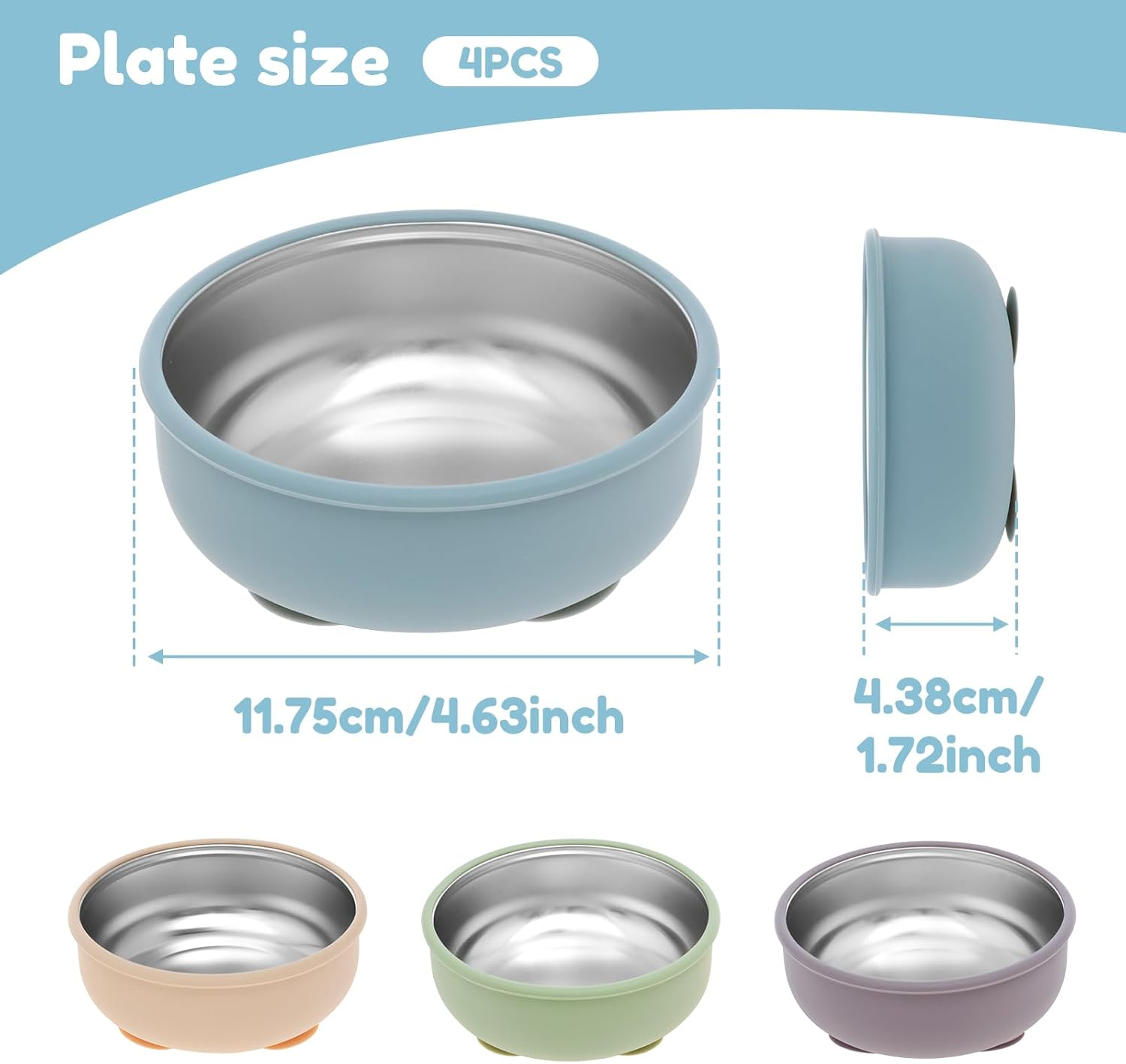 4 Pcs 304 Stainless Steel Baby Bowl with Removable Silicone Shell,Nonslip Baby Food Bowl with Suction for Toddlers 4 Colors Se