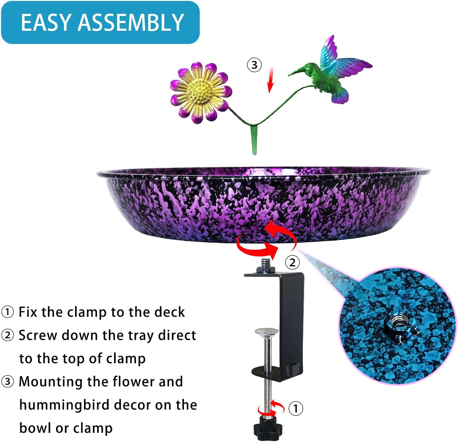 Deck Bird Bath for Outdoors, 11 Inch Colorful Purple/Blue Metal Birdbath Bowl Adjustable Steel Clamp Mounted Garden Bird Bath Feeder for Railing Balcony Outdoor Decor Yard Art image number 4