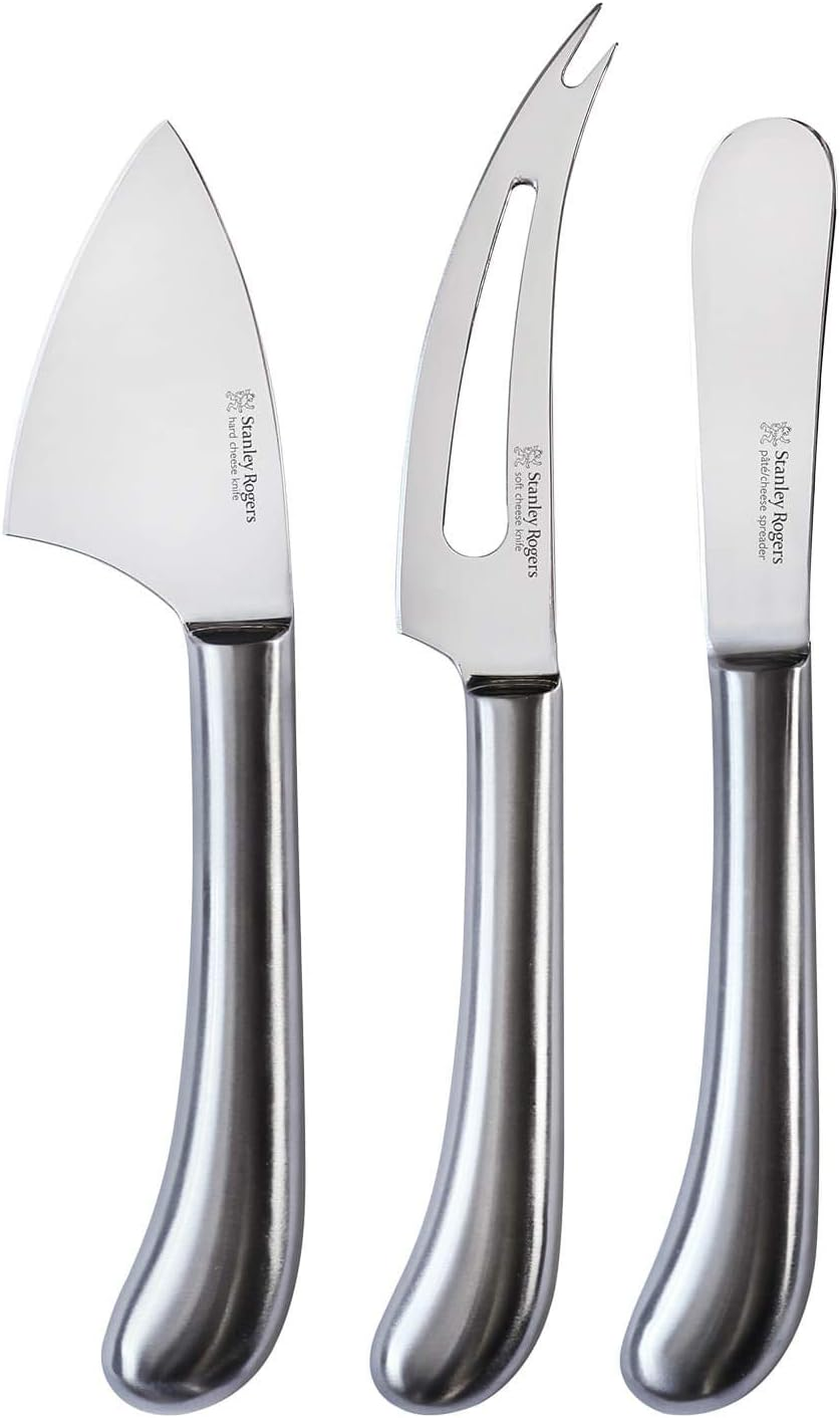 Stanley Rogers Pistol Grip Stainless Steel 3 Piece Cheese Knife Set with Soft and Hard Cheese Knives and Spreader in Gift Box, Satin Handle and Mirror Polished Blades