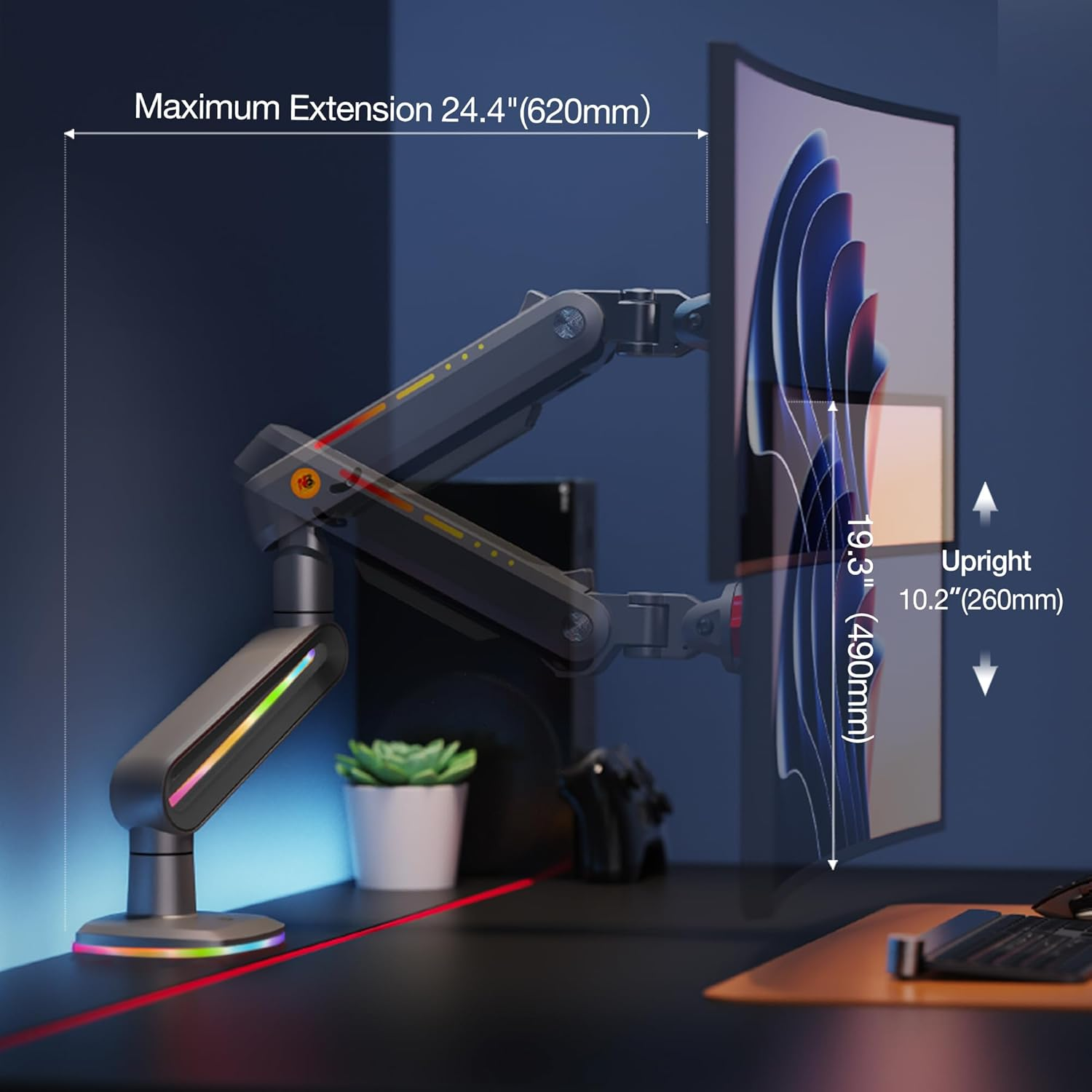 RGB Gaming Monitor Arm for Flat/Ultrawide/Curved Monitors 32 to 60 Inch, Heavy Duty Monitor Stand Load up to 20 Kg, VESA 75/100 Mm Monitor Mount F6-G - Blue image number 7