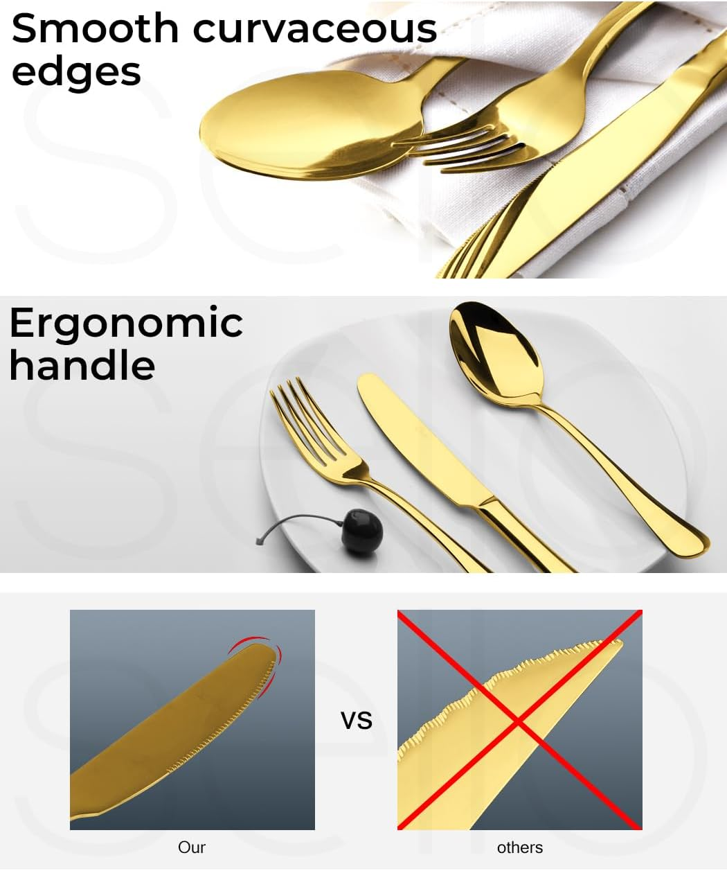 TOQUE 30PCS Gold Cutlery Set, Stainless Steel Kitchen Knife Fork Spoon Sets, Food Grade Travel Camping Mirror Polish Dishwasher Safe Coffee Utensil Dinner Portable Set - Black image number 5