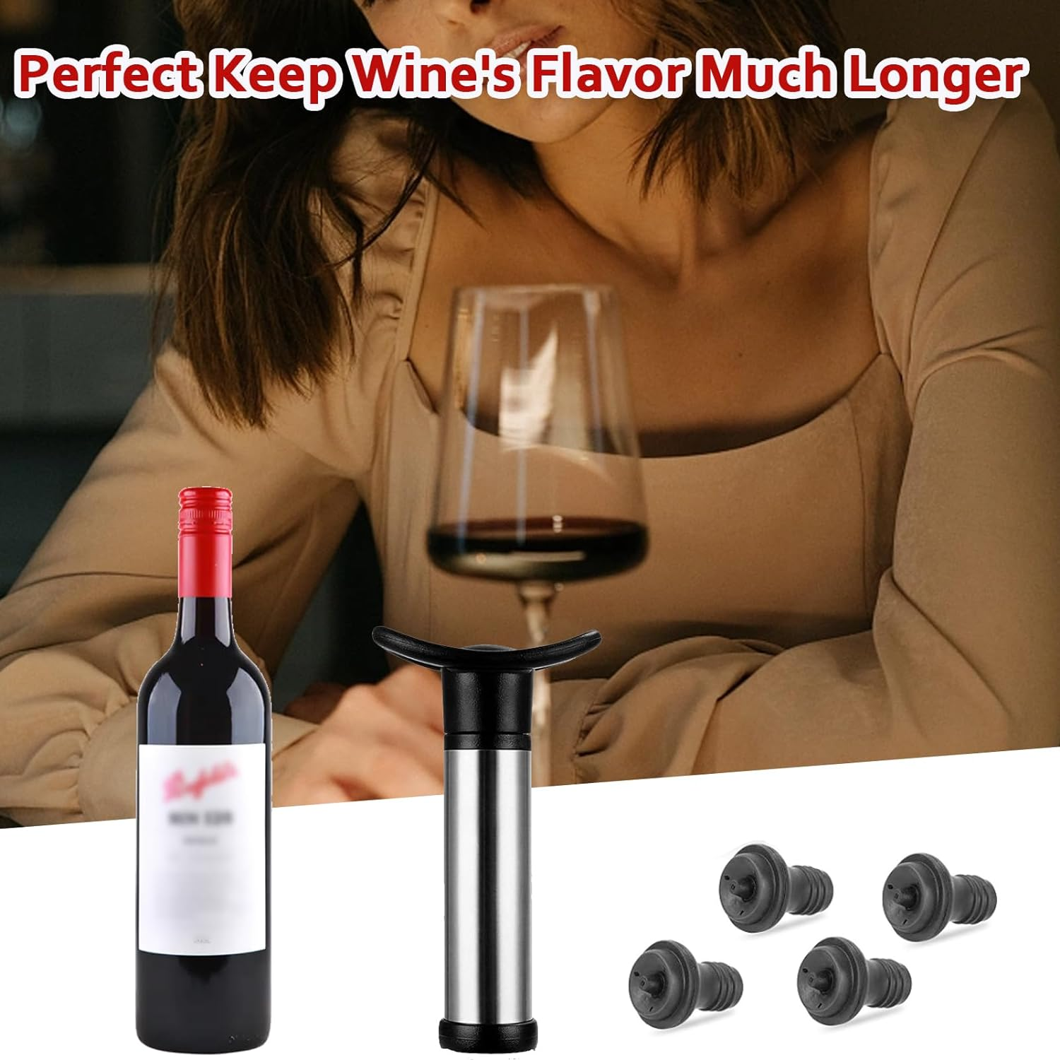Shgarden Wine Pump Preserver Saver Kit Wine Stoppers Set Wine Saver with 4 Vacuum Stoppers Wine Vacuum Pump & 4 Silicone Wine Bottle Stoppers Vacuum Sealed Wine Plug for Home Kitchen Bar SH0009 image number 2
