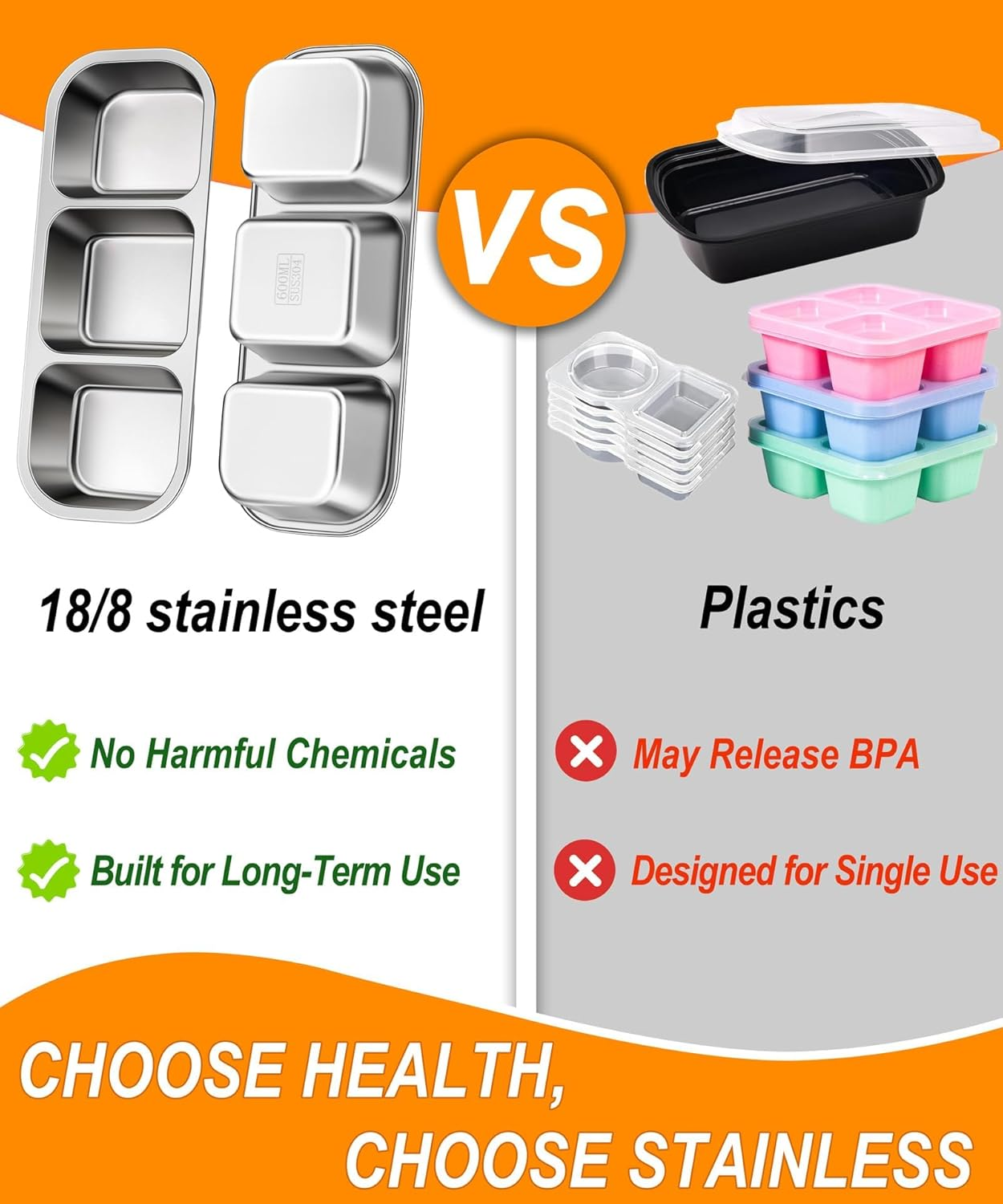 3 Pack Stainless Steel Snack Containers for Kids & Adults, Leek Proof Metal Bento Lunch Box with 3 Compartment Lunchable Container for Daycare, School, Work, Travel Stackable Bento Snack Box (O-3Pack) image number 1